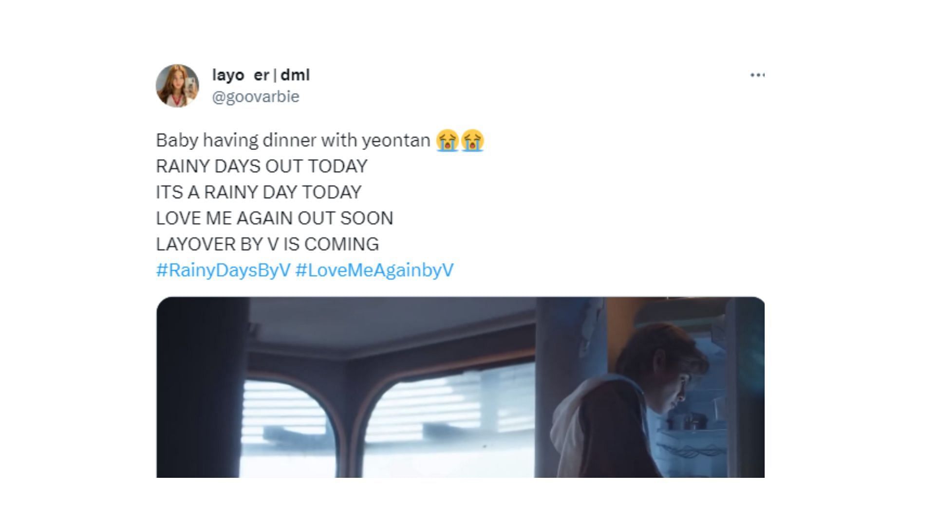 Taehyung&#039;s fans lavish praise on Rainy Days MV (Image via Twitter/@goovarbie)