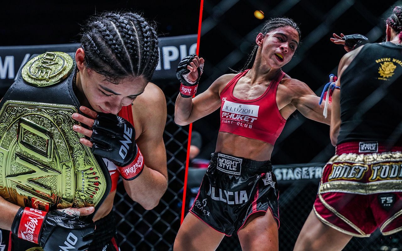 Allycia Hellen Rodrigues (left) and Rodrigues fighting Janet Todd (right) | Image credit: ONE Championship