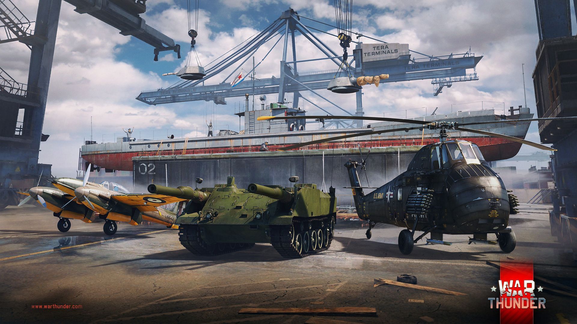 Tank, Helicopter, Plane and a Ship standing in a shipyard in War Thunder.