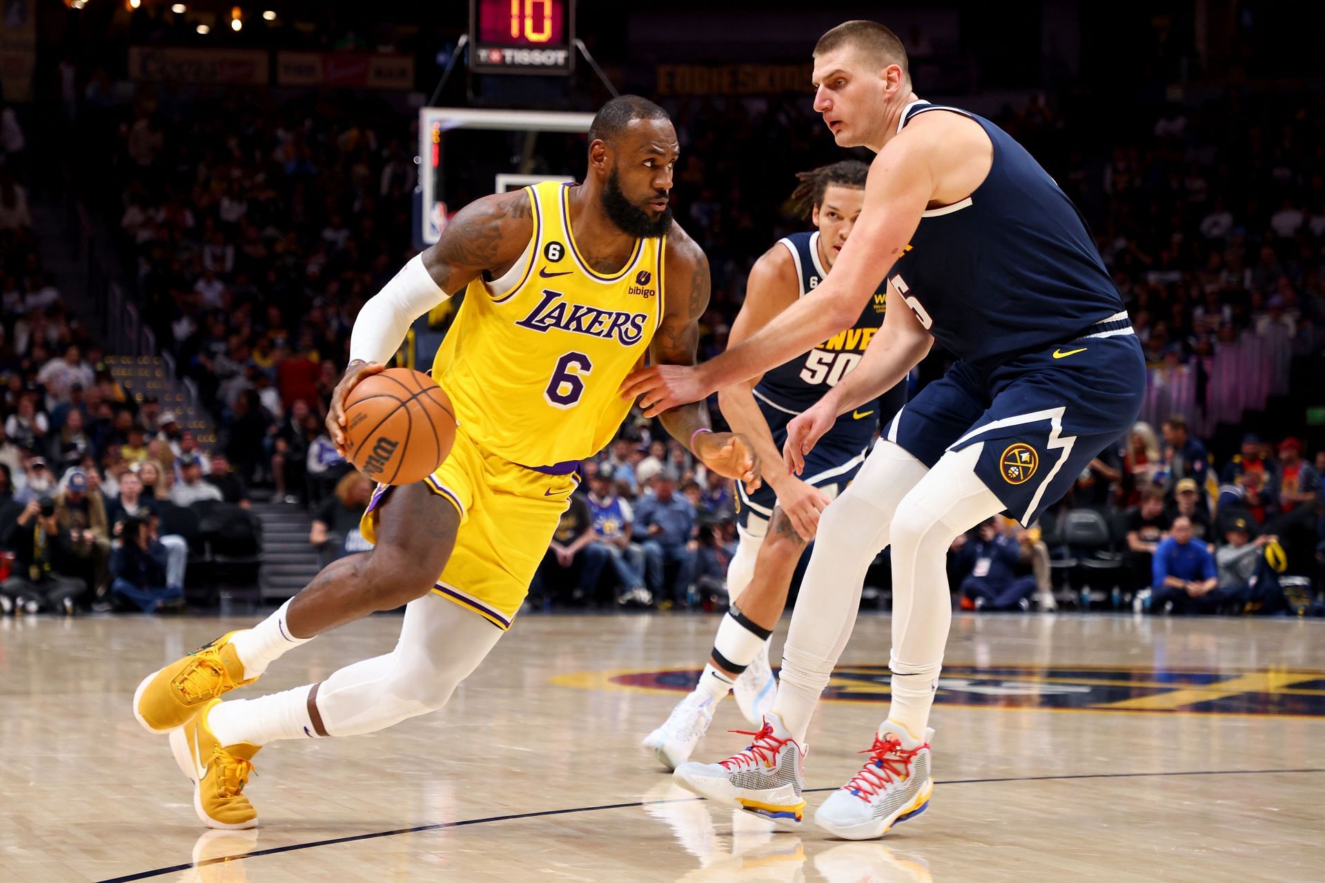 LeBron James of the LA Lakers against Nikola Jokic of the Denver Nuggets