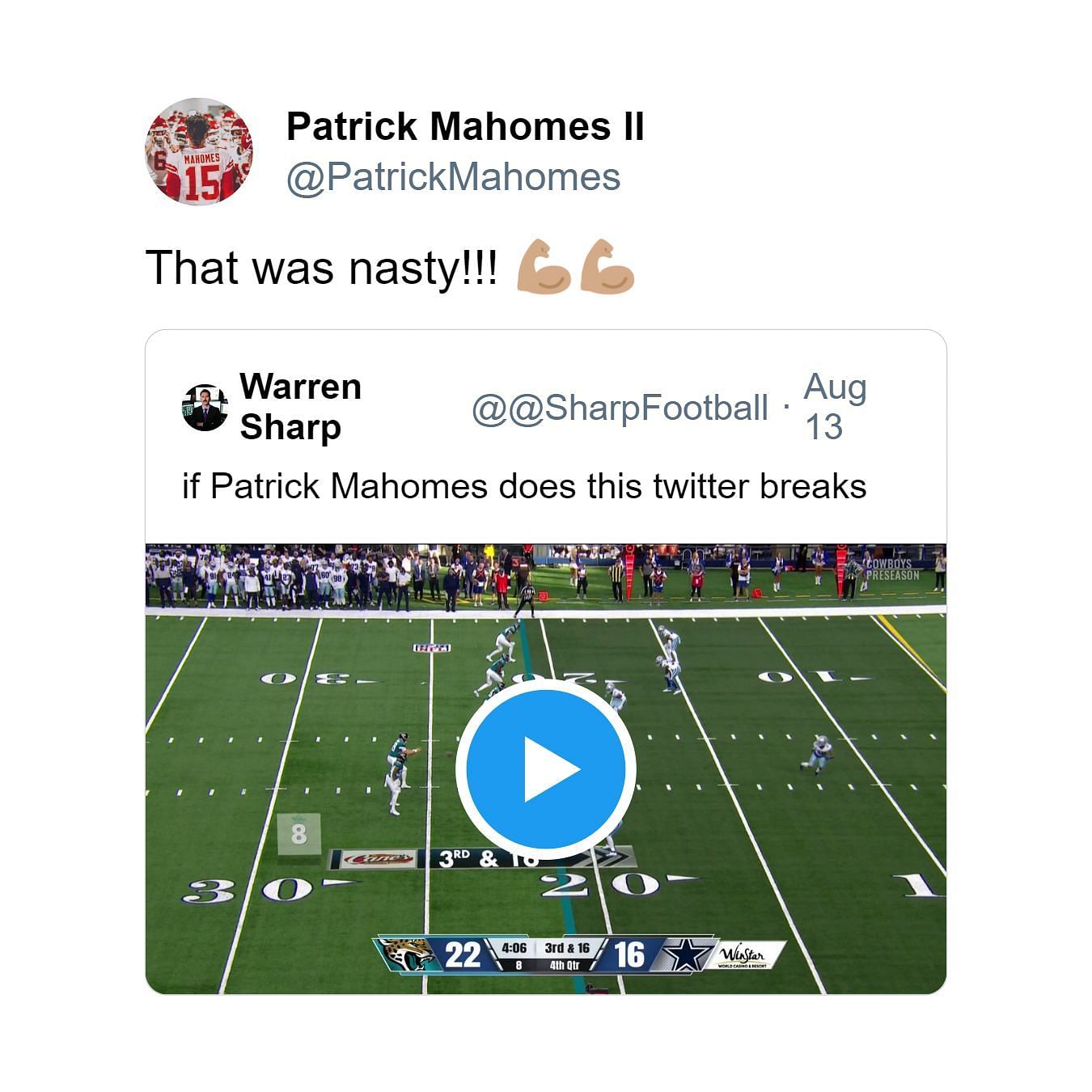 Patrick Mahomes reacting to Nathan Rourke&#039;s improbable touchdown