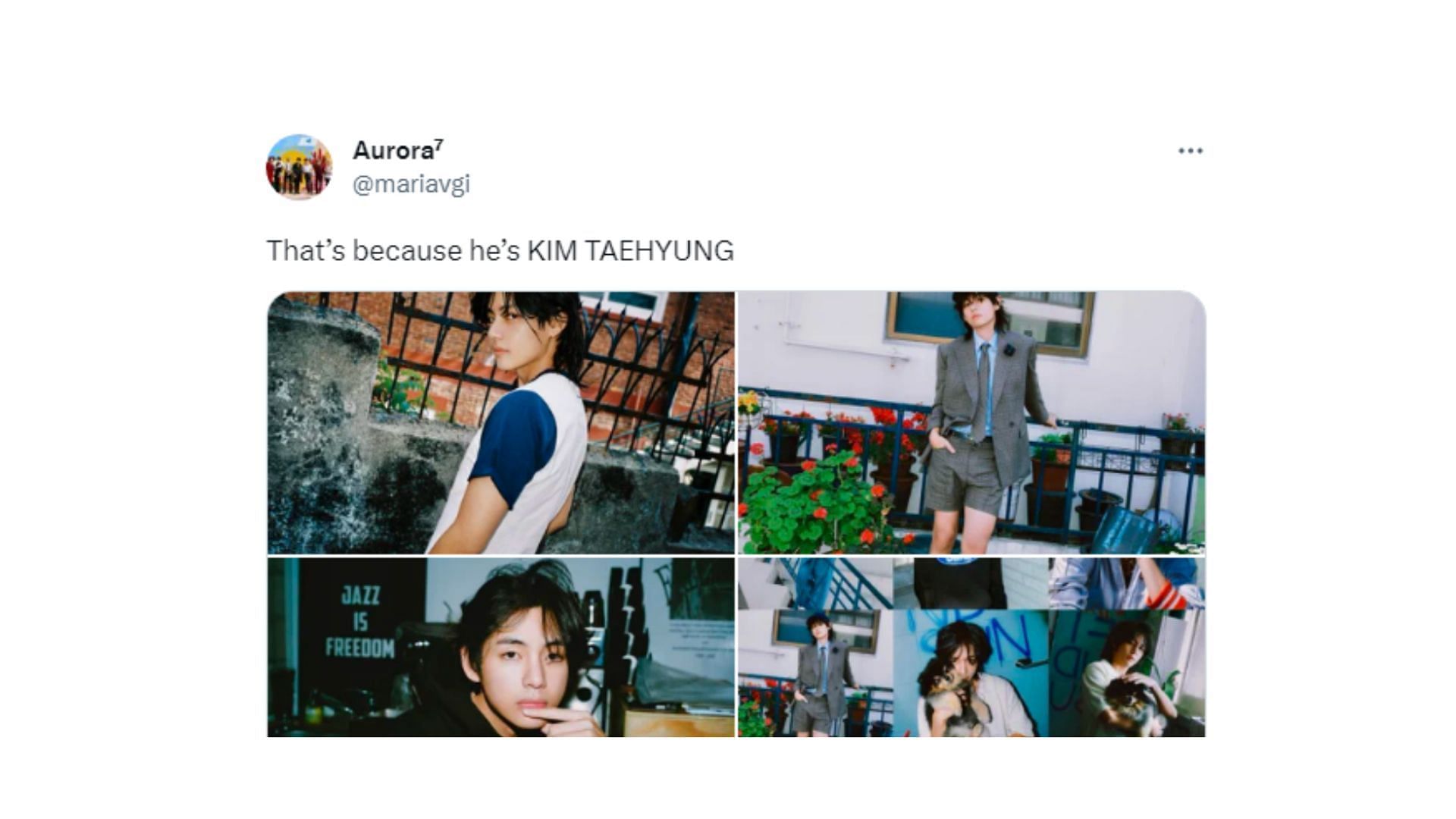 Taehyung&#039;s fans react to his photo shoot for Layover (Image via Twitter/@mariavgi)