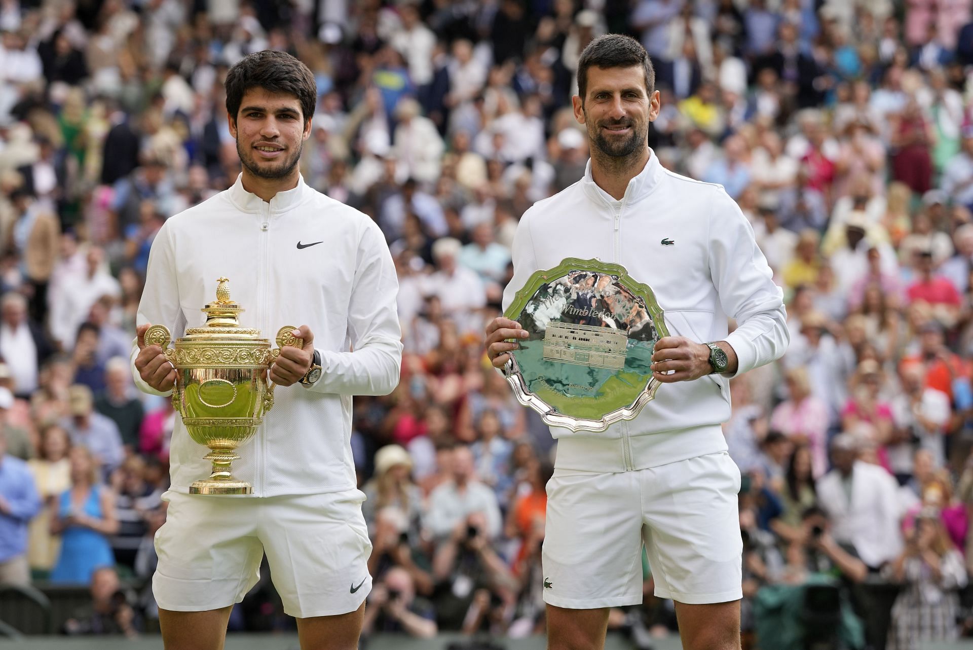 Carlos Alcaraz and Novak Djokovic at the 2023 Wimbledon.