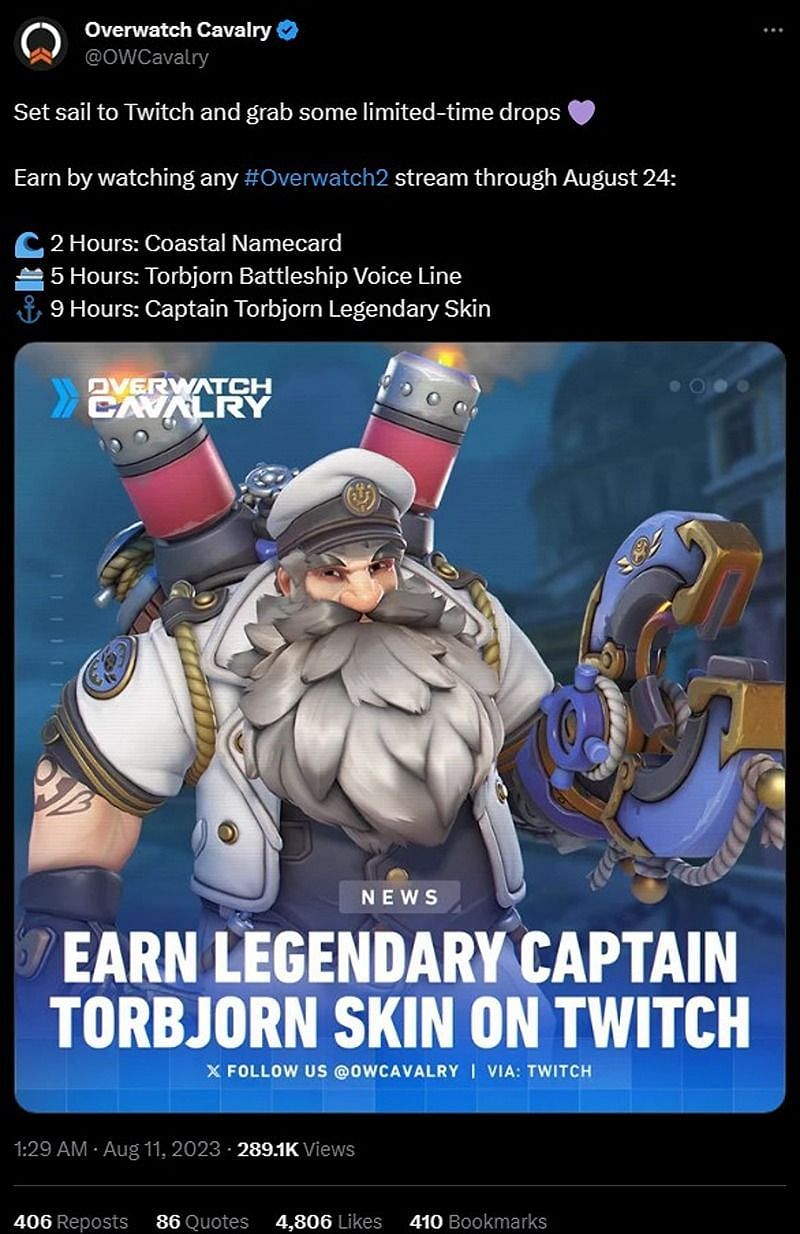 Legendary Captain Torbjorn skin via Twitch (Image via Overwatch Cavalry)