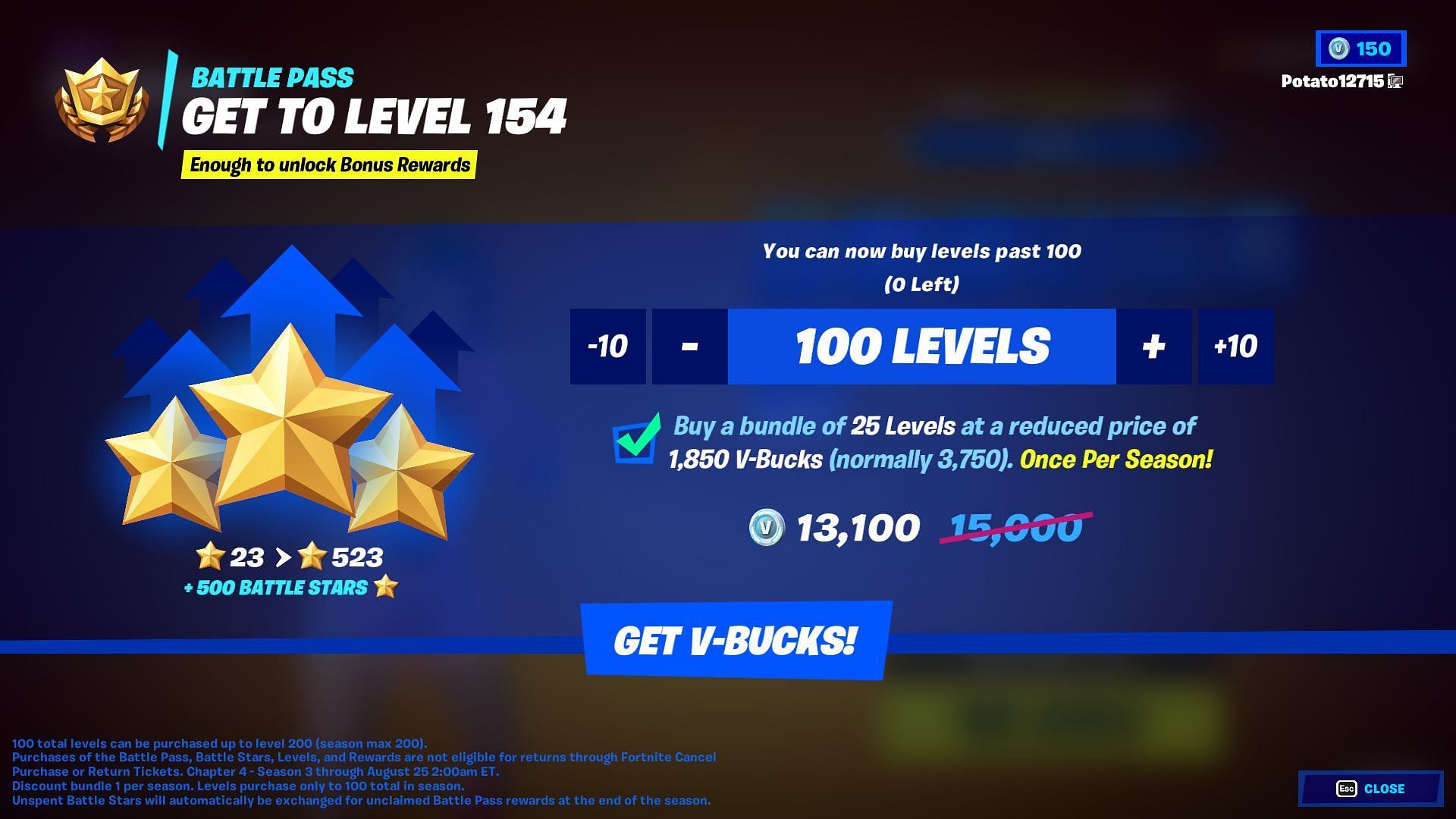 It costs over 13,000 V-Bucks to gain 100 levels (Image via Epic Games/Fortnite)