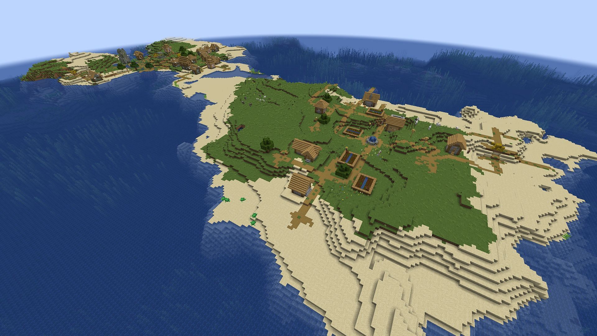 An island seed in Minecraft featuring a village spawn with an abandoned village across from it.