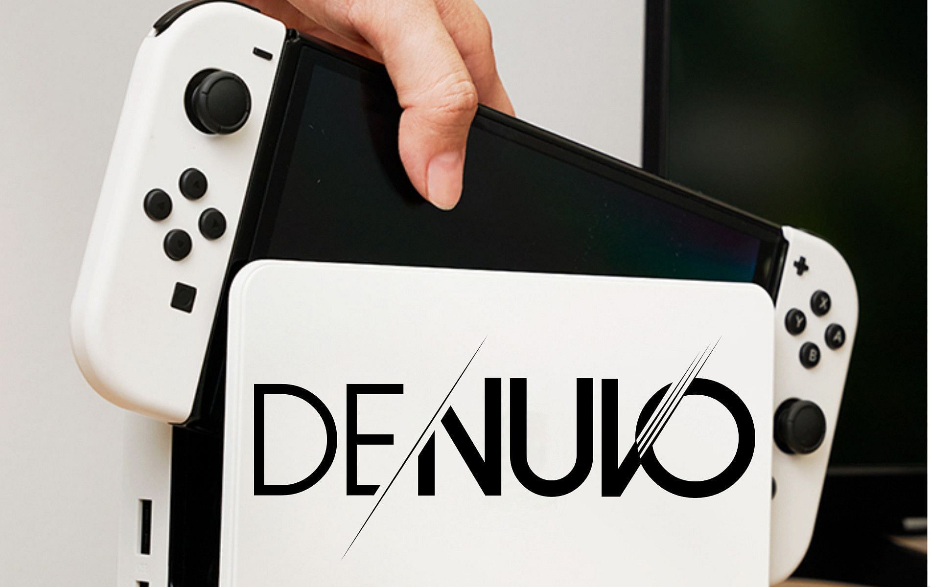 Cover art featuring Nintendo Switch OLED model with Denuvo logo