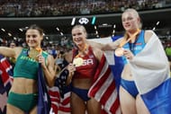 Nina Kennedy, Katie Moon, and Wilma Murto after winning the women's Pole Vault at the World Athletics Championships in Budapest