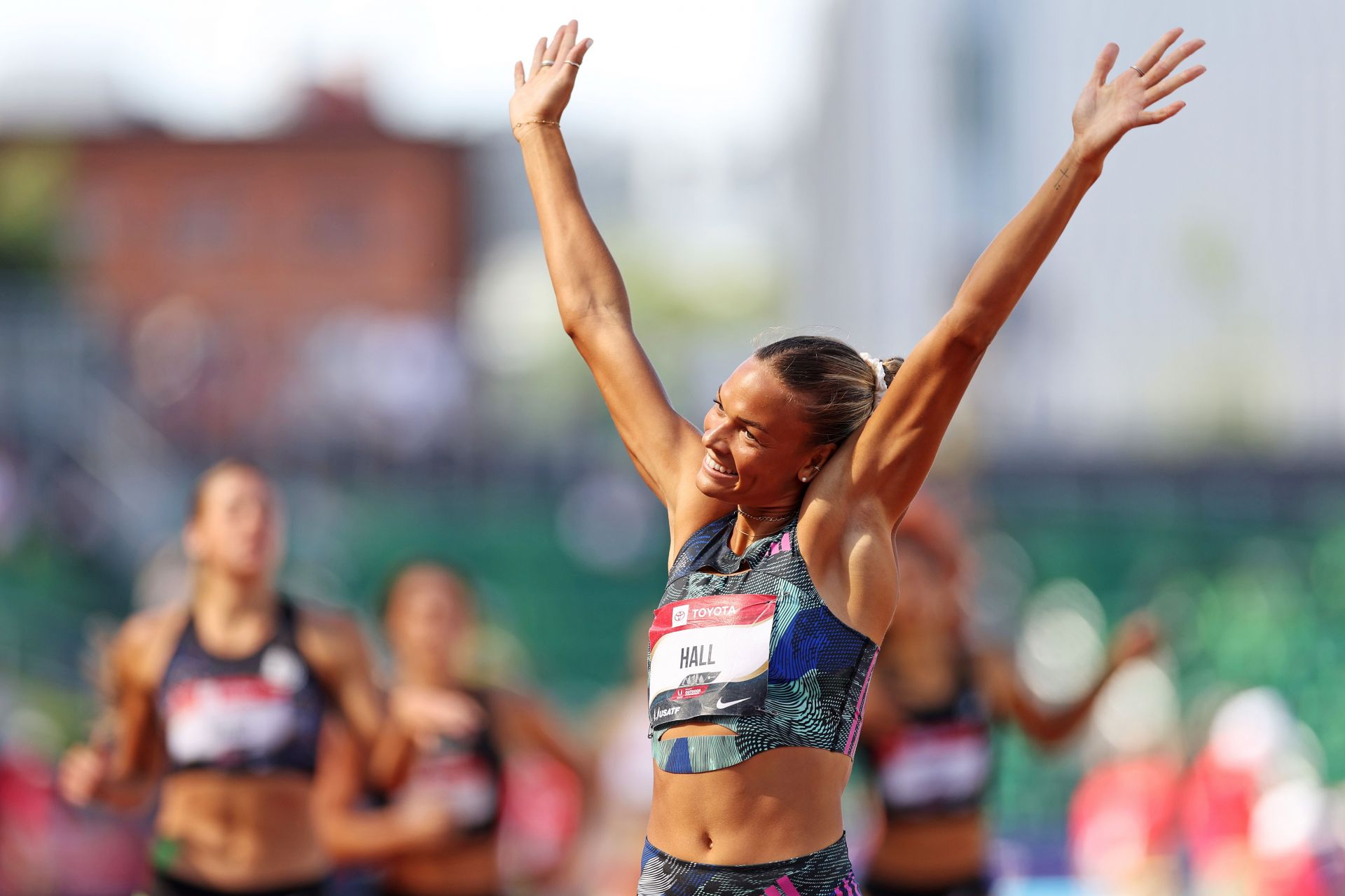 Anna Hall celebrates after winning the women&#039;s Heptathlon event at the 2023 USATF Outdoor Championships at Hayward Filed on July 7, 2023, in Eugene, Oregon