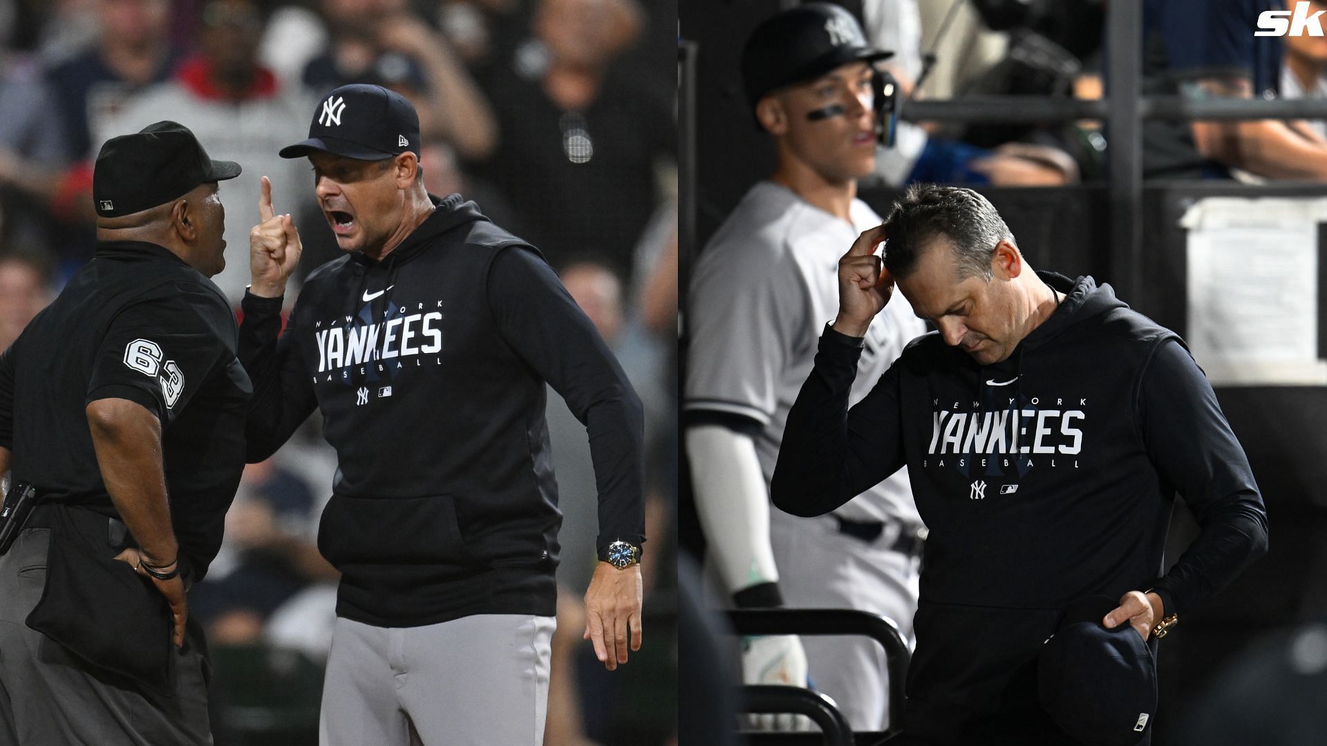 Manager Aaron Boone of the New York Yankees leaves the game after being ejected by home umpire Laz Diaz in the eighth inning against the Chicago White Sox