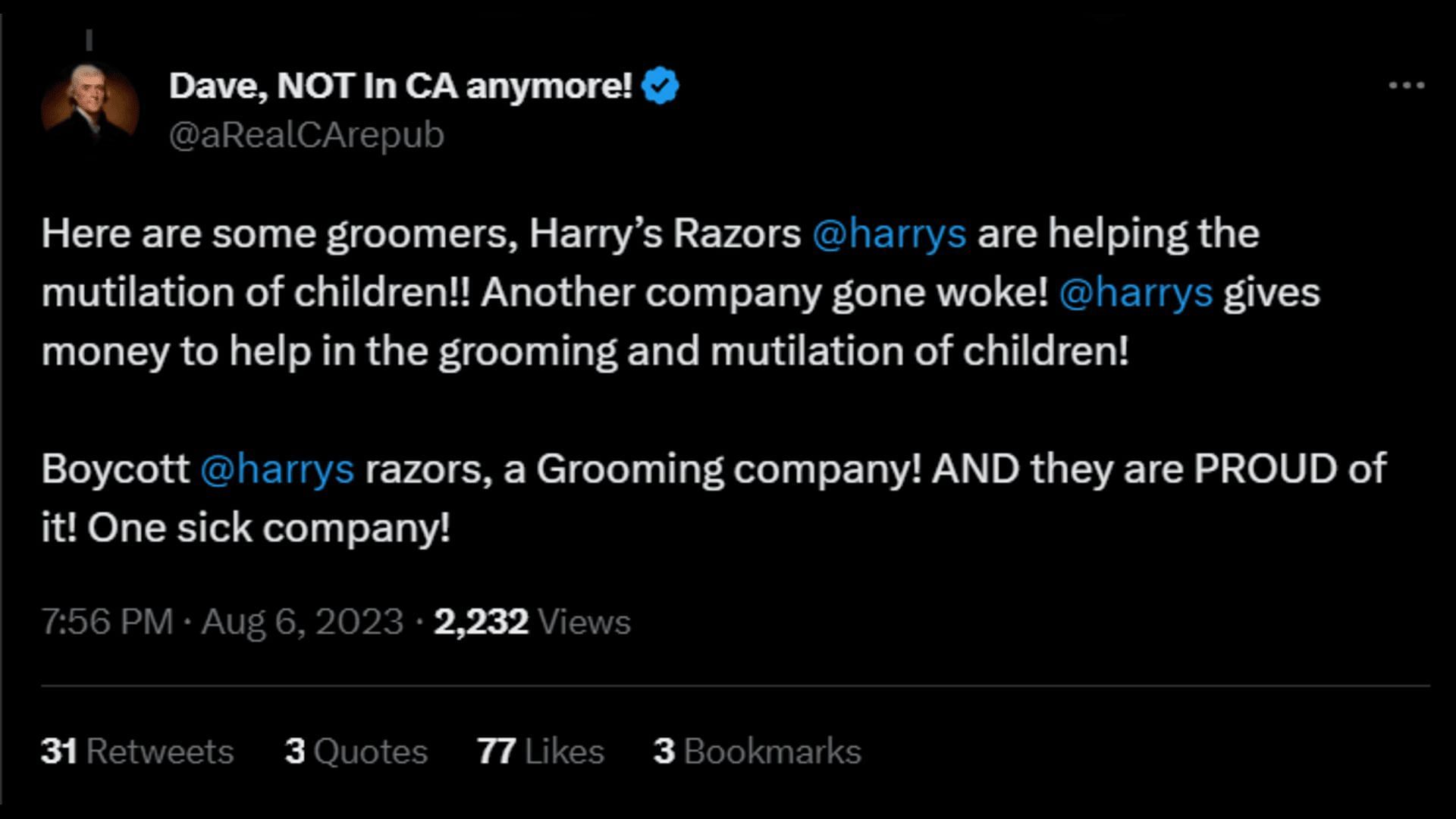 A netizen calls Harry&#039;s a sick company. (Image via Twitter/Dave, NOT in CA anymore!)