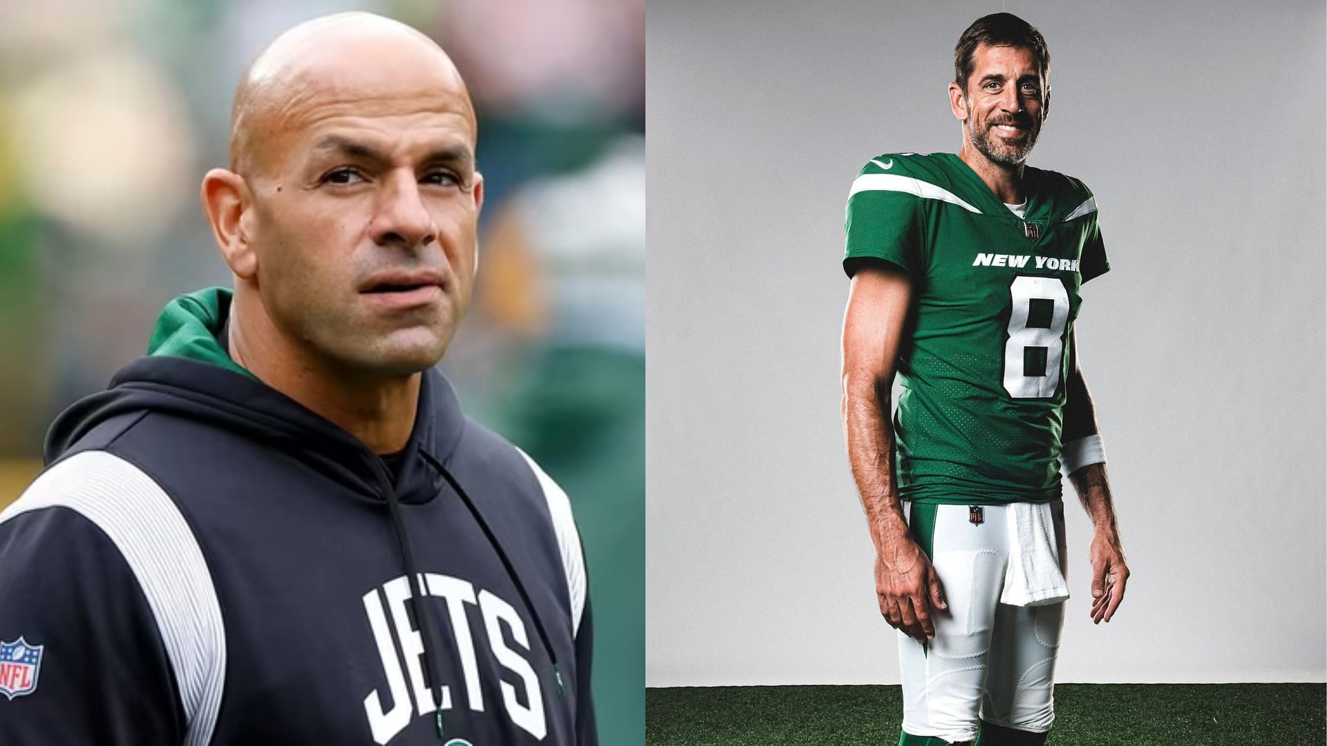 Jets HC Robert Saleh (L) on QB Aaron Rodgers (R) and his injury scare at training camp