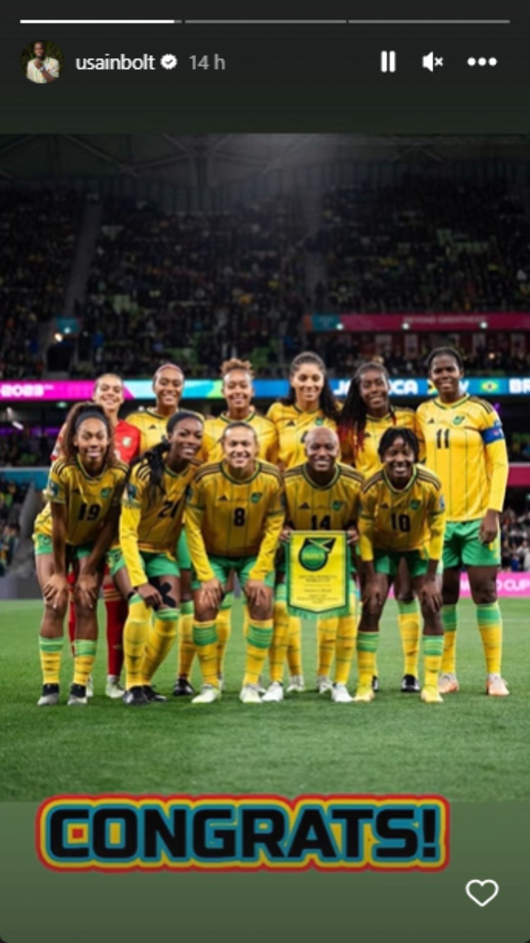 Usain Bolt posted a picture of the Women&#039;s Football team congratulating them.