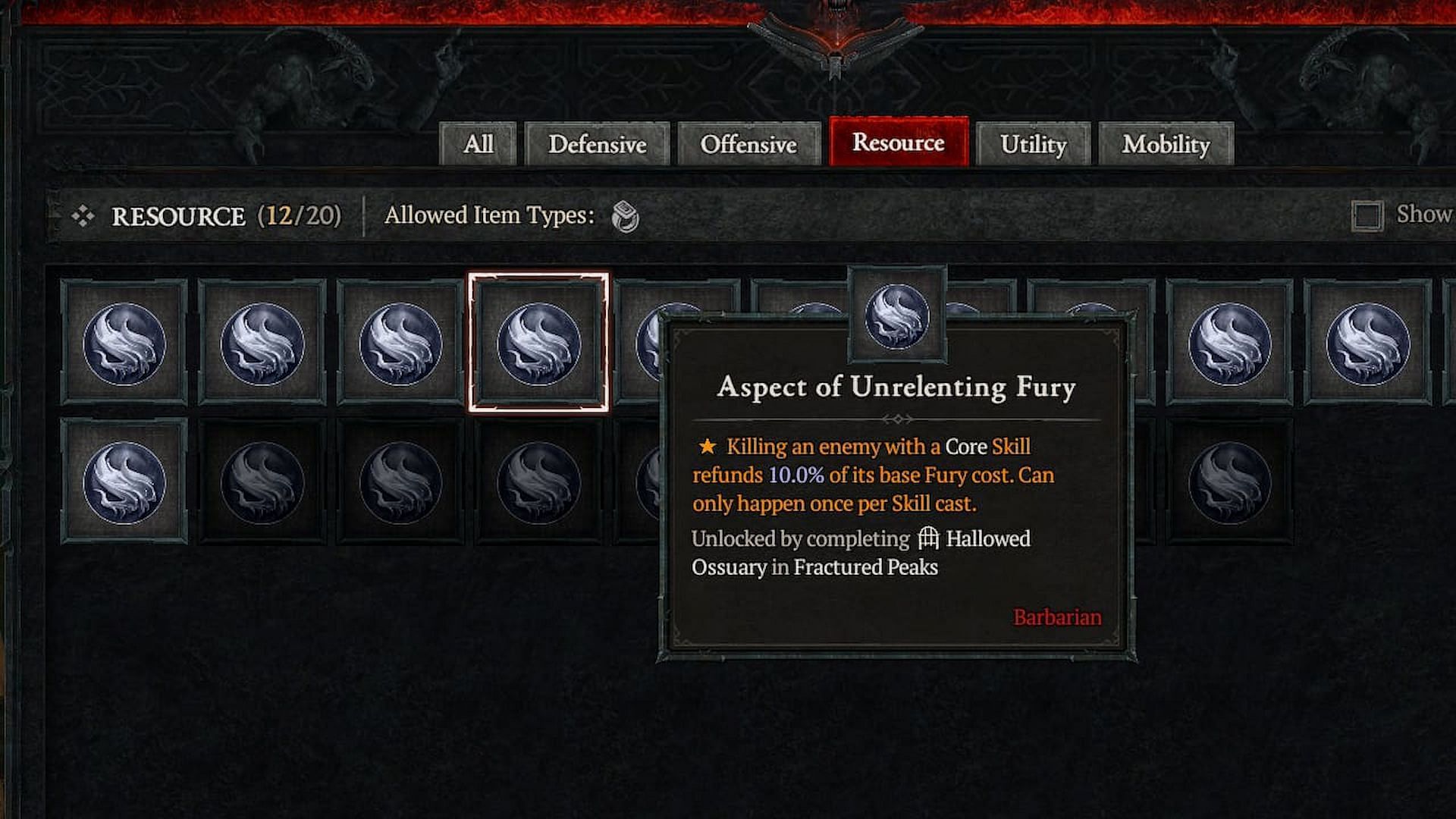 This Aspect refunds some Fury cost (Image via Diablo 4)