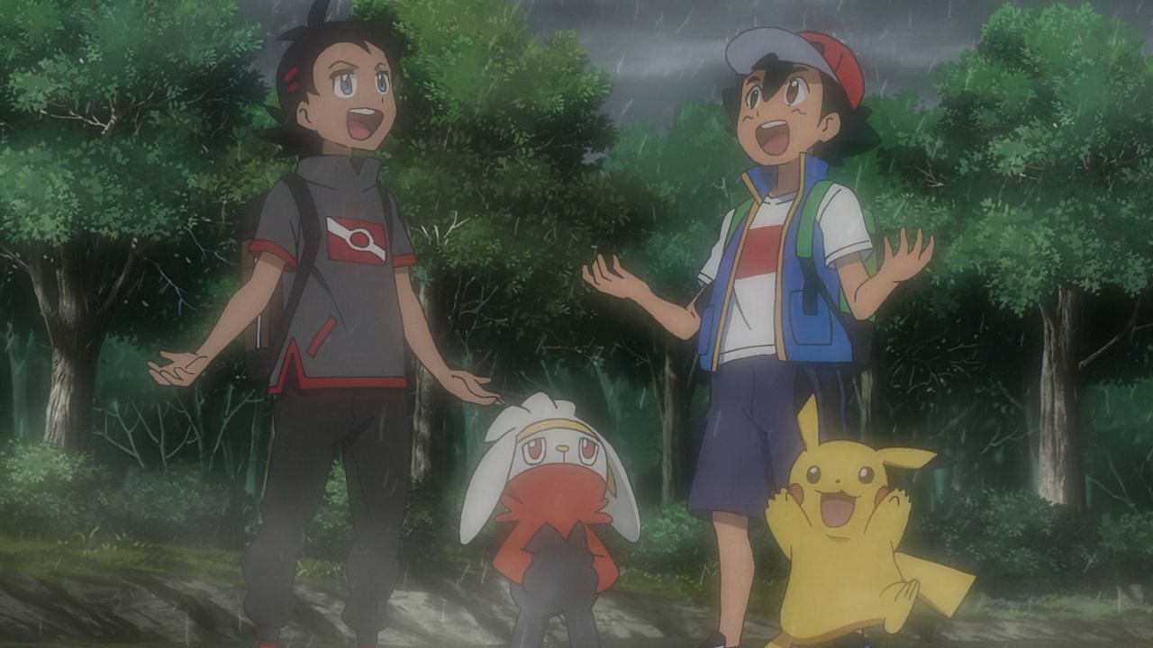 A screenshot of Ash and Goh in the rain (Image via The Pokemon Company)