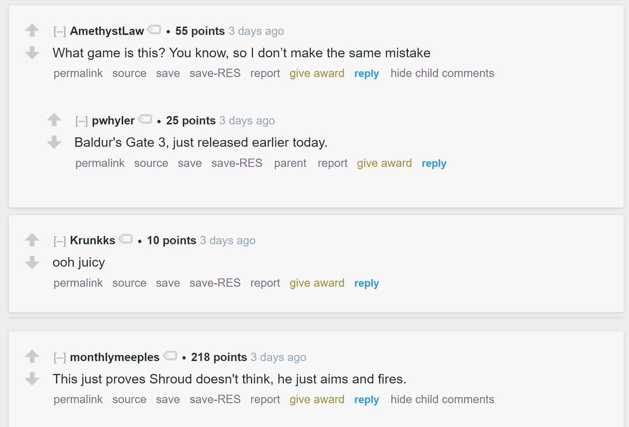 Reddit community discussing the Twitch streamer&#039;s reaction to Baldur&#039;s Gate 3&#039;s content (Image via r/LivestreamFail)