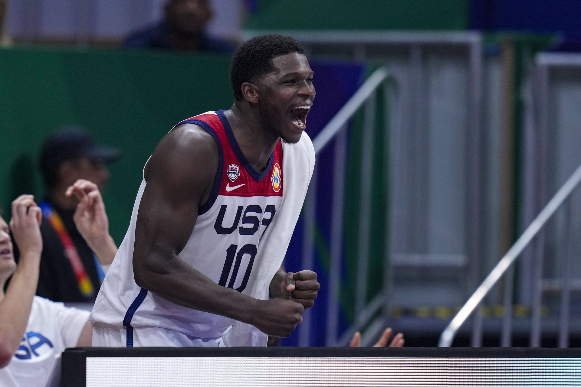 US guard Anthony Edwards cheers for his country from the bench in the 2023 FIBA World Cup