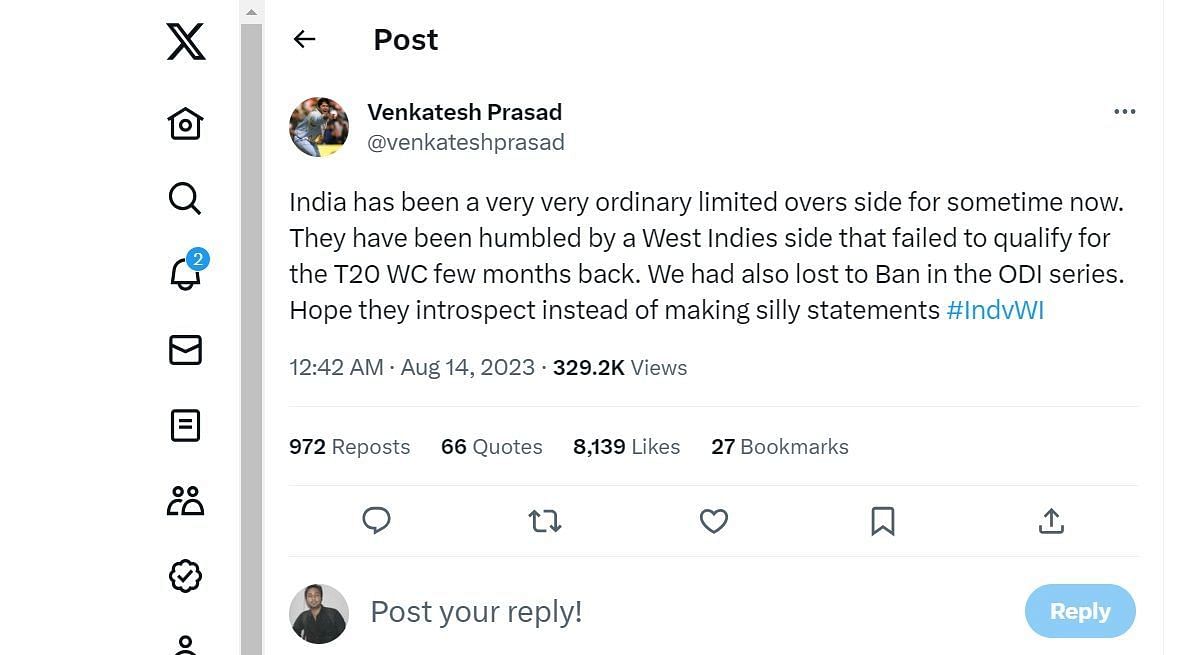 वेंकटेश प्रसाद ने ट्वीट करके भारतीय टीम प्रबंधन पर भड़ास निकाली (Photo Courtesy - Venkatesh Prasad twitter)