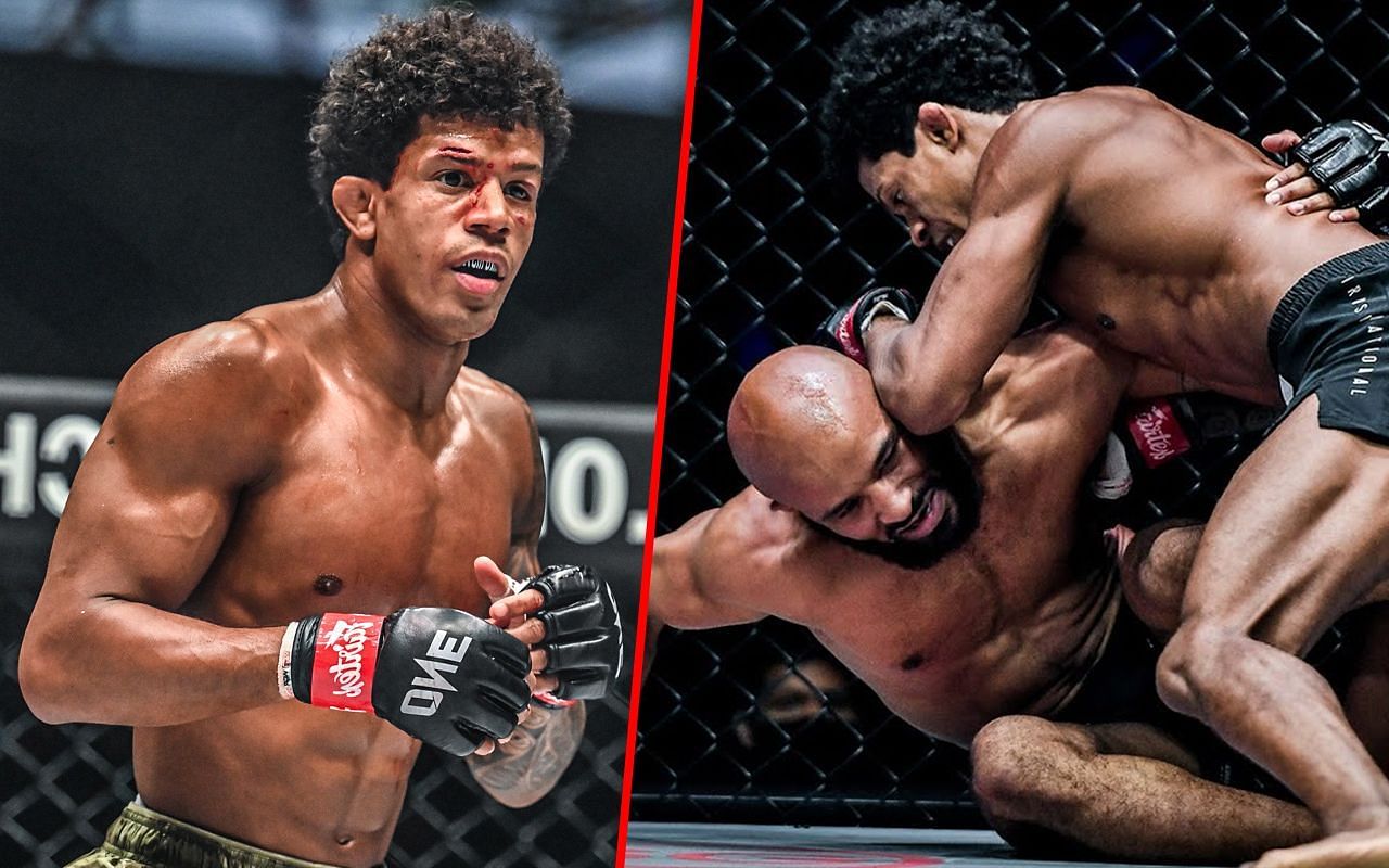 Adriano Moraes (left) and fighting Demetrious Johnson (right) | Image credit: ONE Championship