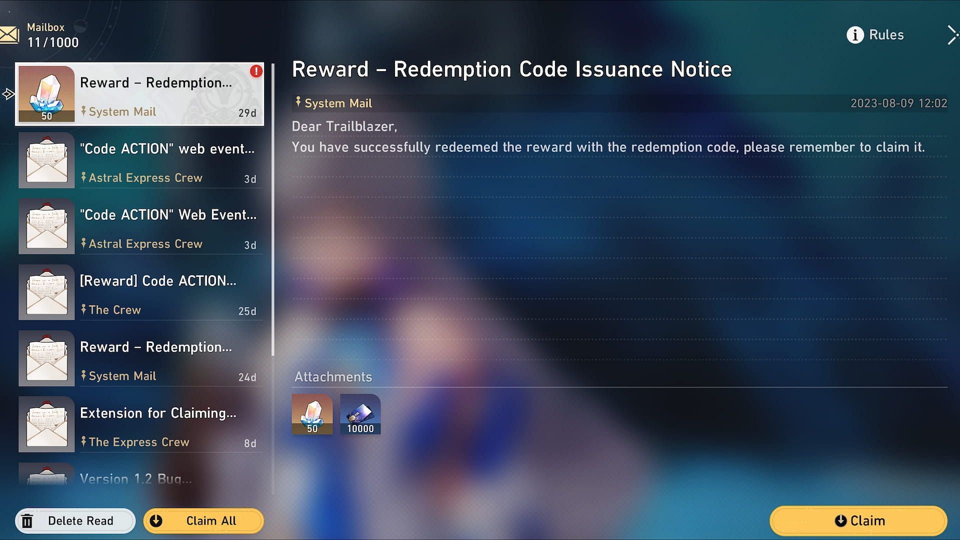 The redemption code&#039;s contents, delivered to the in-game mailbox (Image via HoYoverse)