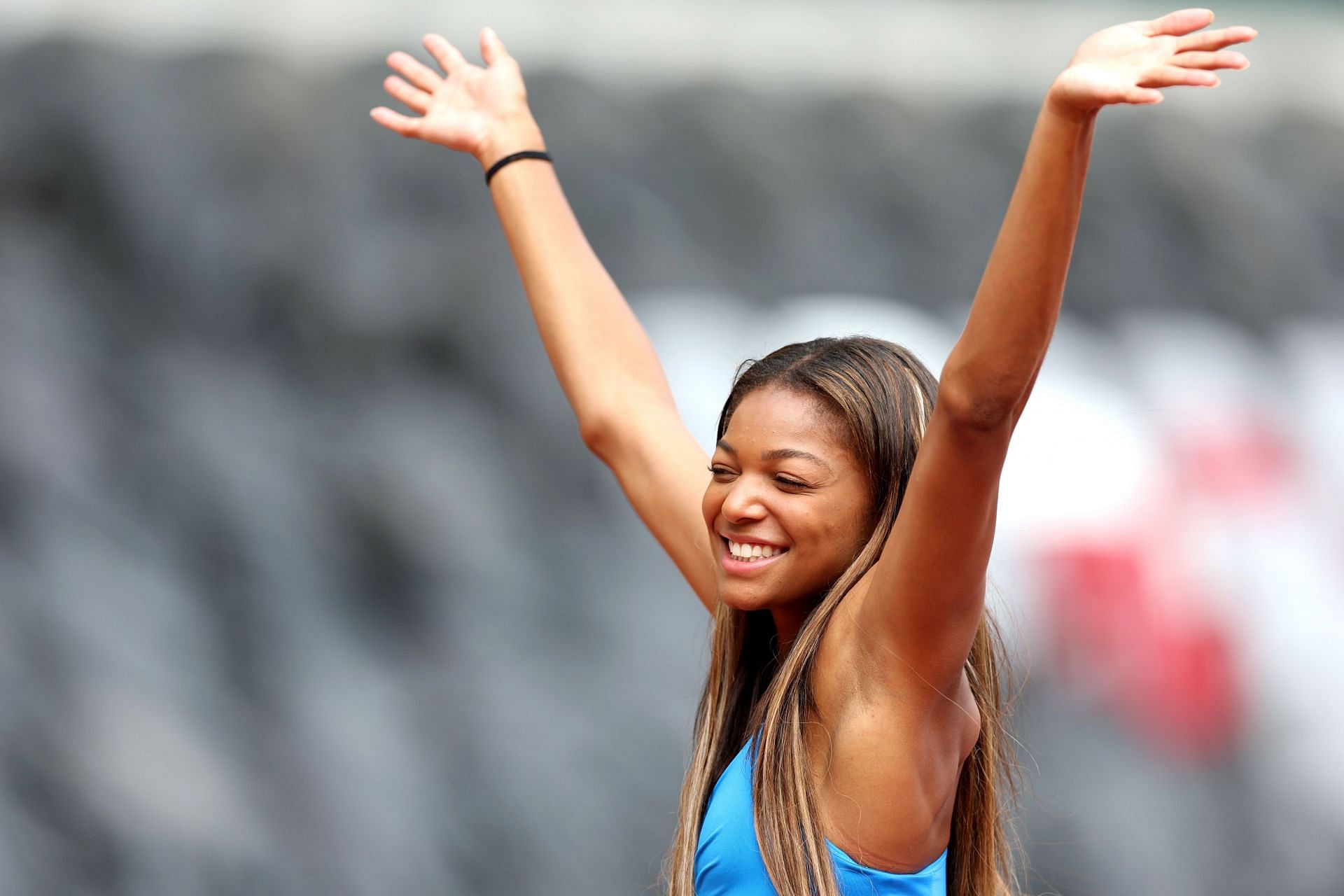 Gabby Thomas poses during the training session ahead of the 2023 World Athletics Championships in Budapest, Hungary