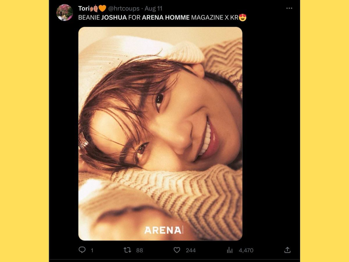 Joshua&#039;s Arena Homme+ Korea magazine cover getting love from fans (Image via Twitter/ @hrtcoups)