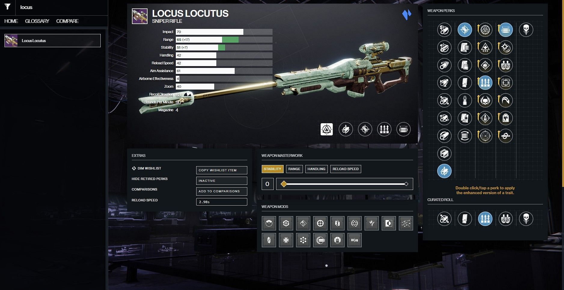 PvP god roll for Locus Locutus Sniper Rifle (Image via D2Gunmsith)