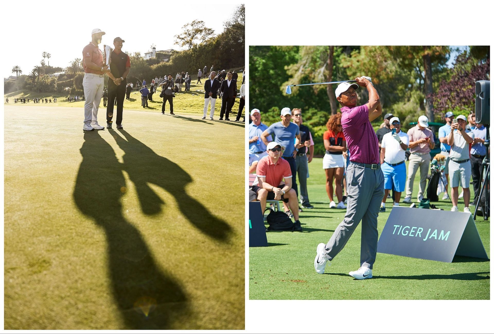 Tiger Jam event and Woods with trophy (via Getty and TigerWoods.com)