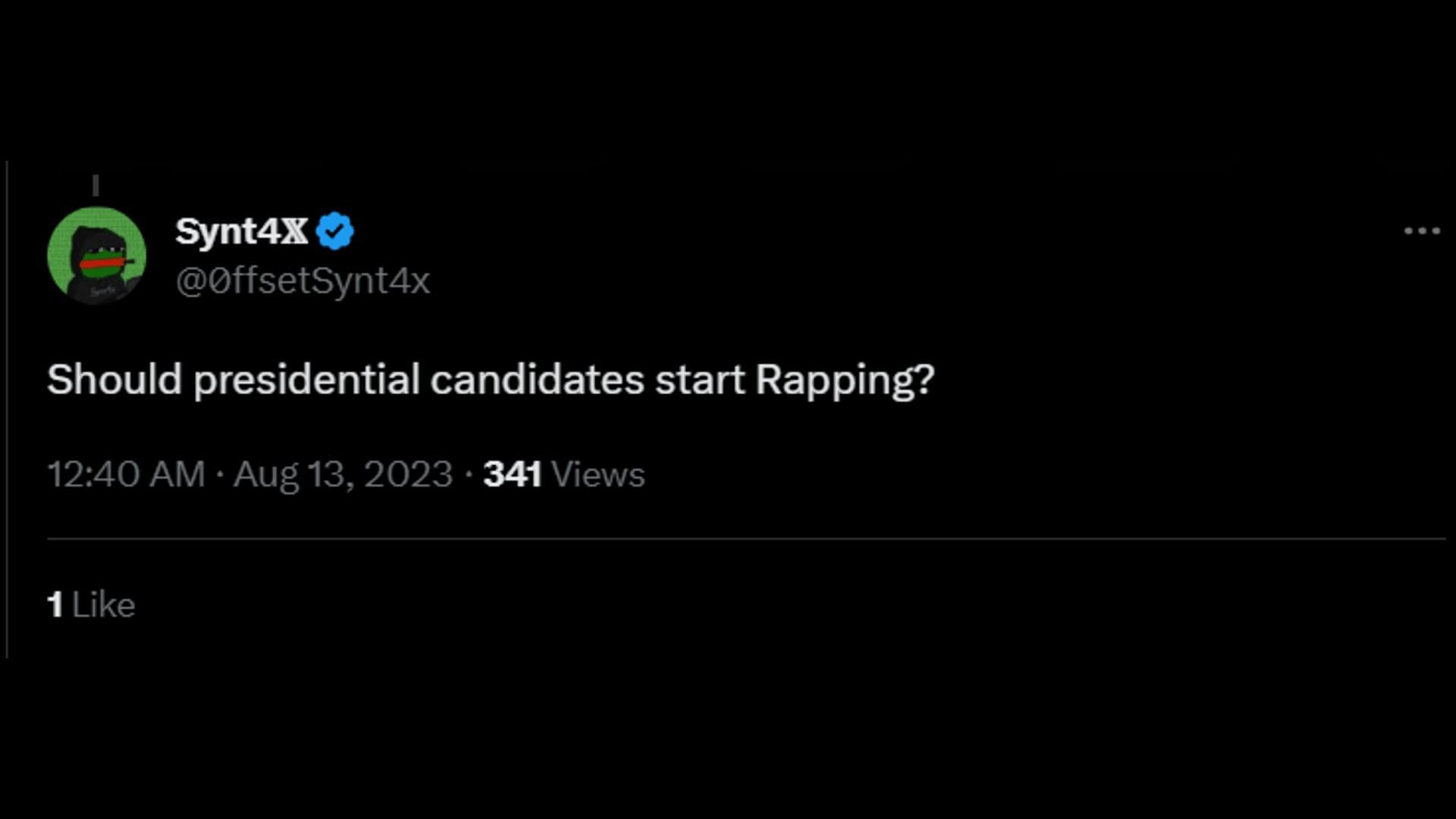 A netizen asks about the relationship between presidential candidacy and rapping. (Image via X/Synt4X)