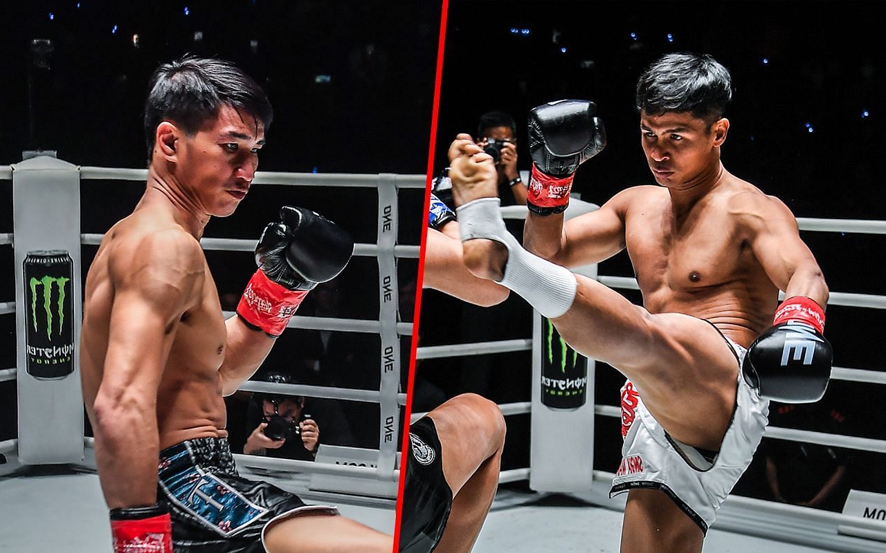 (left) Tawanchai PK. Saenchai defends his ONE featherweight Muay Thai belt against (right) Superbon Singha Mawynn [Credit: ONE Championship]