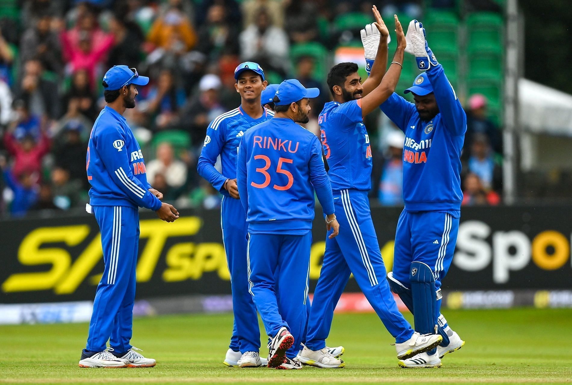 Jasprit Bumrah celebrates a wicket with teammates. (Pic: BCCI)