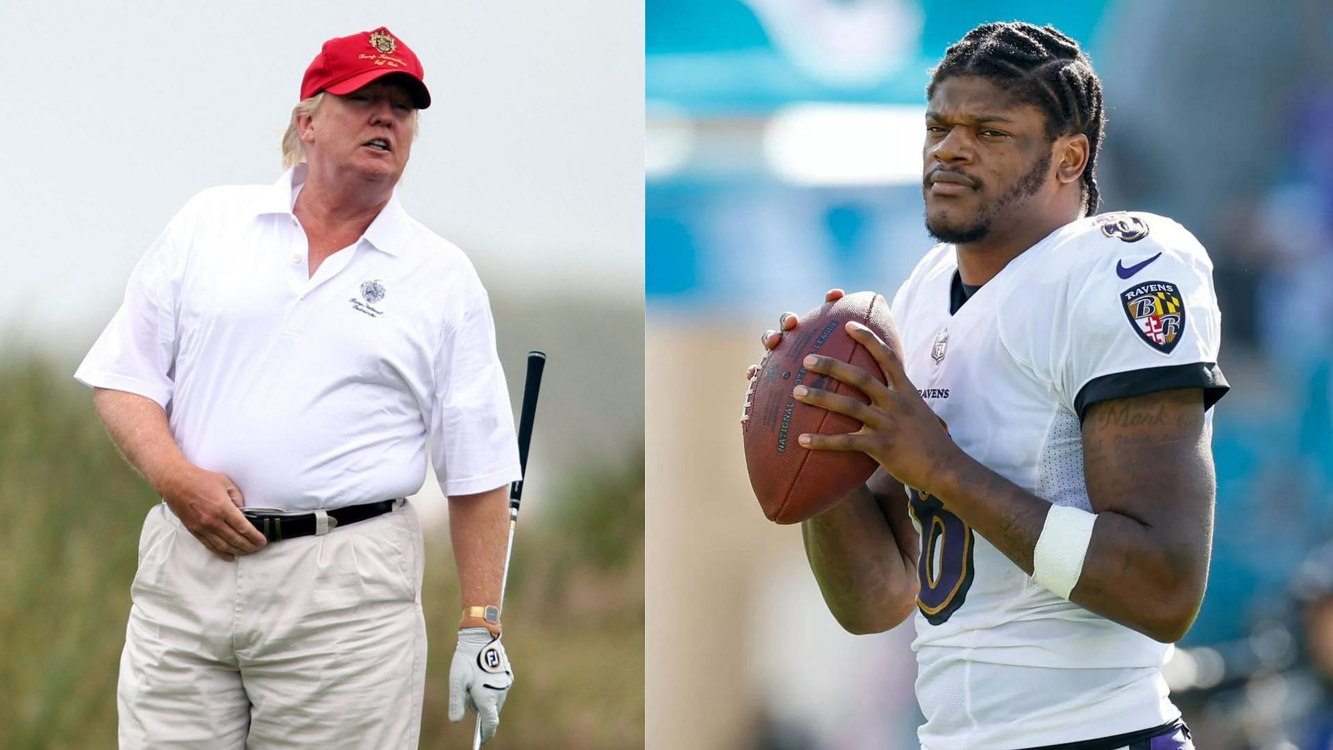 NFL fans call out size and weight of Donald Trump (L) when compared to Lamar Jackson (R)