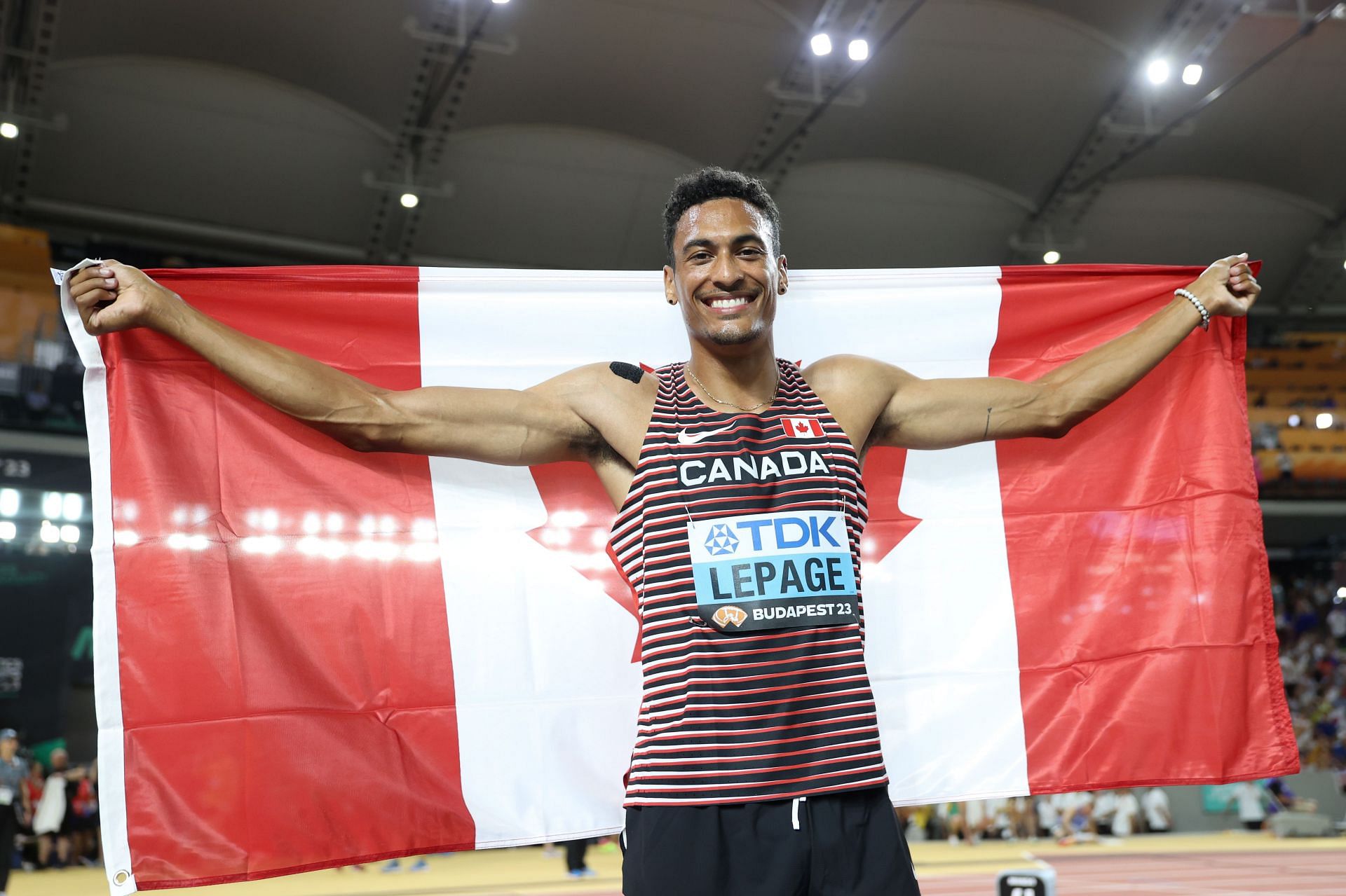 Gold medalist Pierce Lepage of Team Canada celebrates winning the Men&#039;s Decathlon final on day eight of the World Athletics Championships Budapest 2023