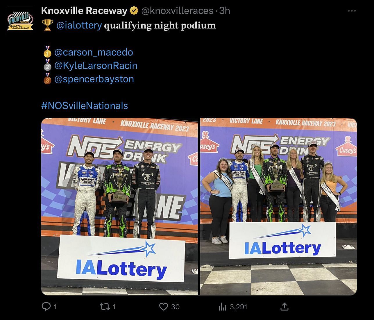 The top three qualified for the NOS Energy Drink Knoxville Nationals