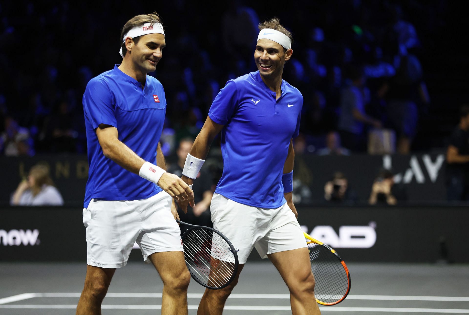Roger Federer and Rafael Nadal in the 2022 Laver Cup at the O2 Arena in London.