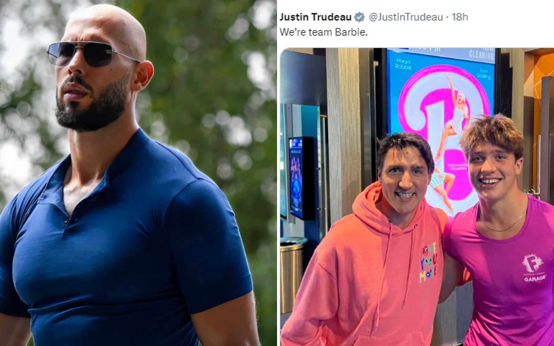 Andrew Tate (left), Justin Trudeau and his son (right) [Image source: @UncorruptedMen and @JustinTrudeau on Twitter]