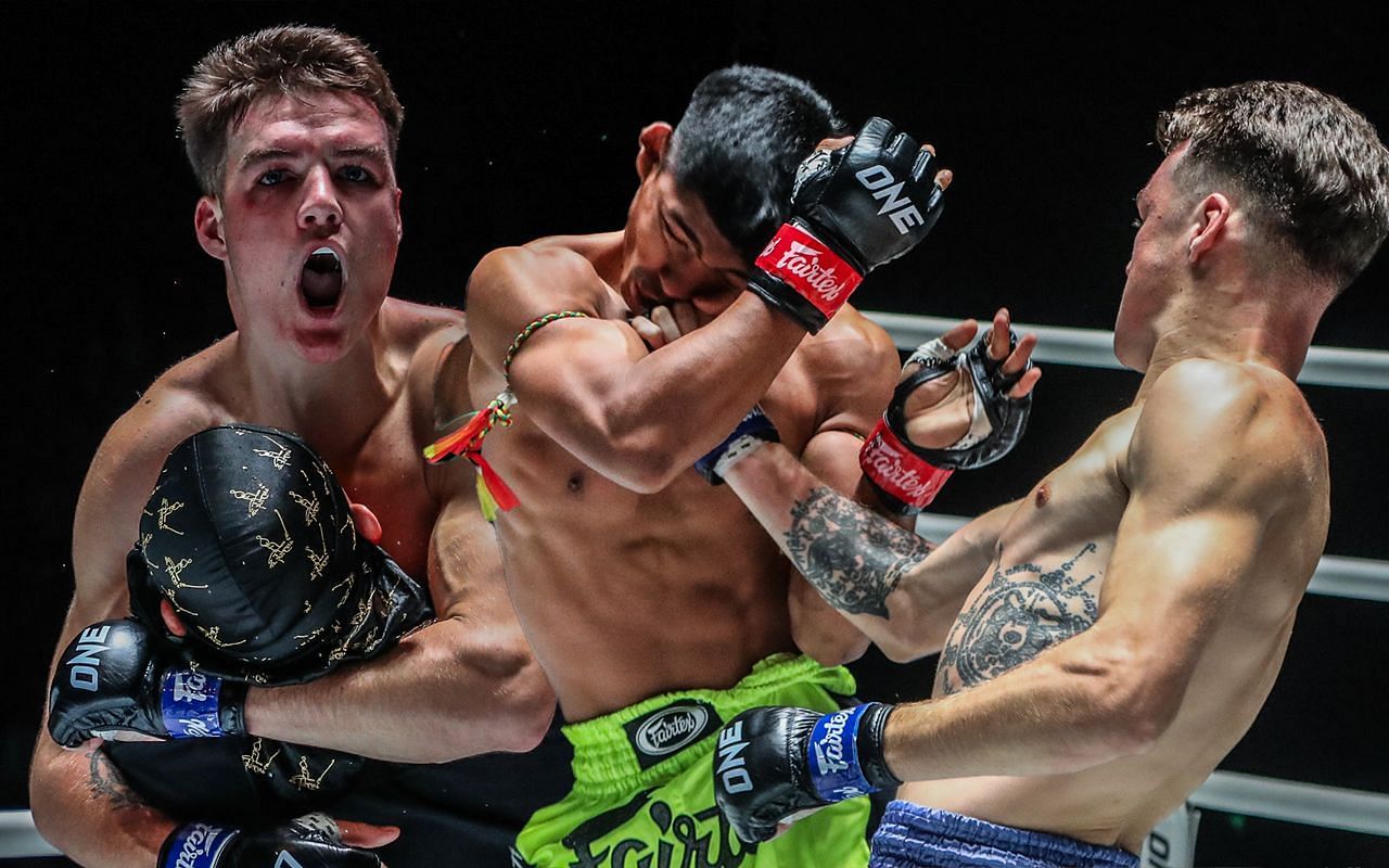 Tyson Harrison knocks out Tapaokaew in the first round of their bantamweight Muay Thai match.