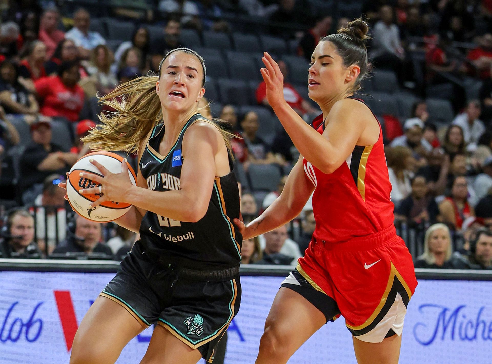 Sabrina Ionescu of the New York Liberty and Kelsey Plum of the Las Vegas Aces