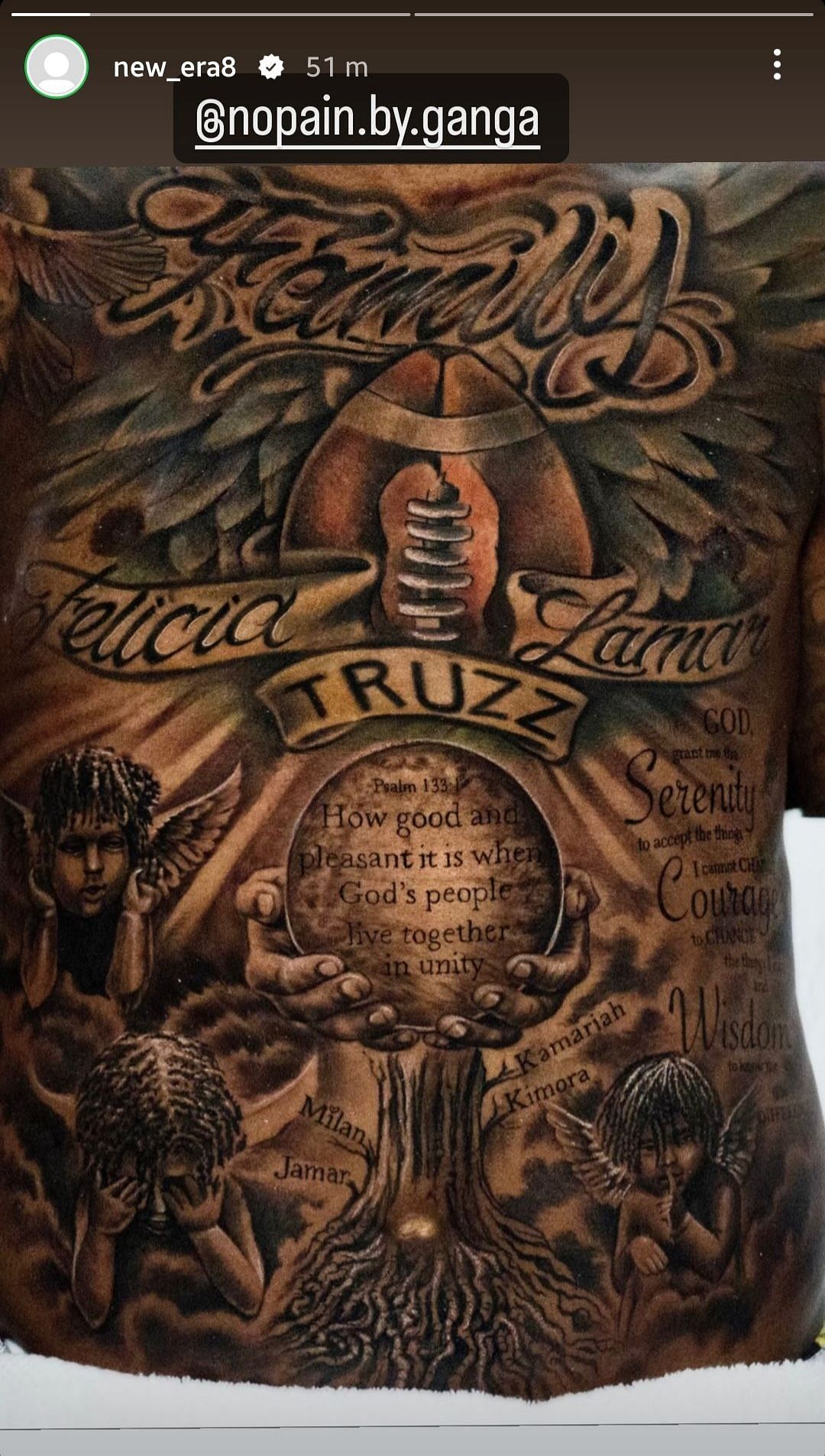 Lamar Jackson’s new tattoo, courtesy of No Pain by Ganga. (Image credit: new_era8 on Instagram)