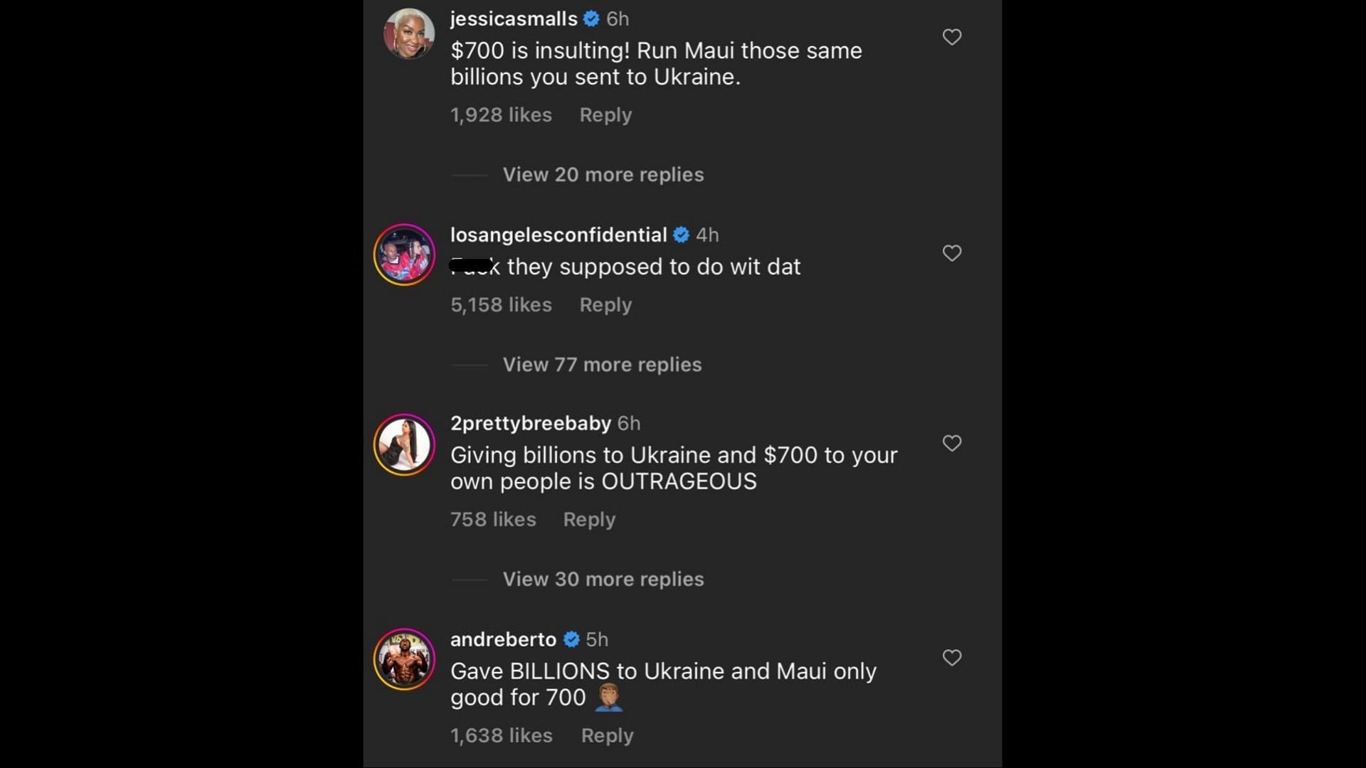 Screenshot of  Internet users remarking on Biden&#039;s economic relief package amount for Maui wildfires survivors. (Photo via @The Shade Room/Instagram)