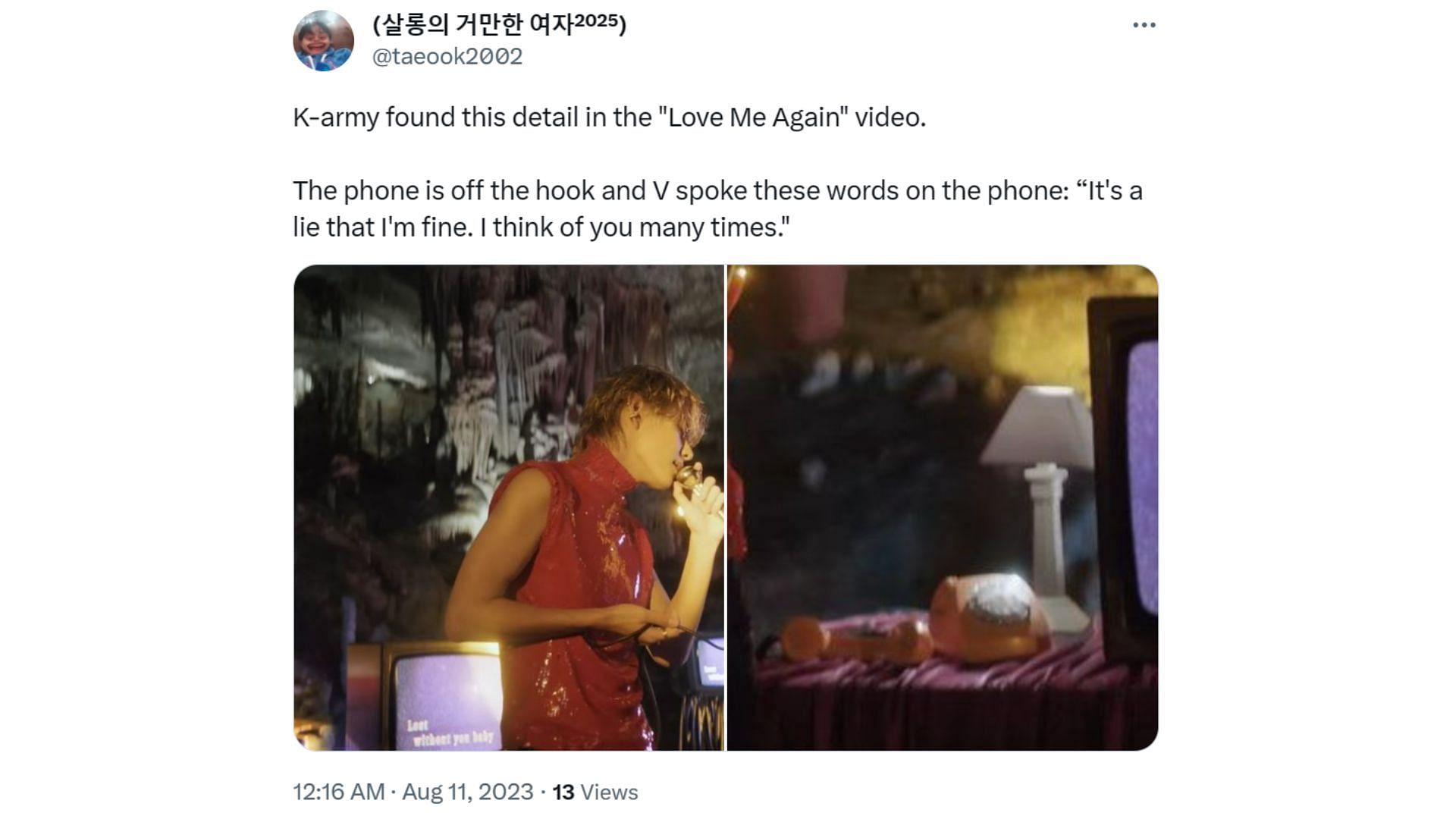 BTS&#039; Kim Tae-hyung tries to reach his SO in the music video. (Image via Twitter/ @taeook2002)