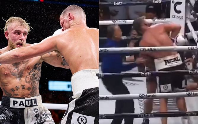 WATCH: Nate Diaz attempts illegal choke hold on Jake Paul in boxing match till referee intervenes
