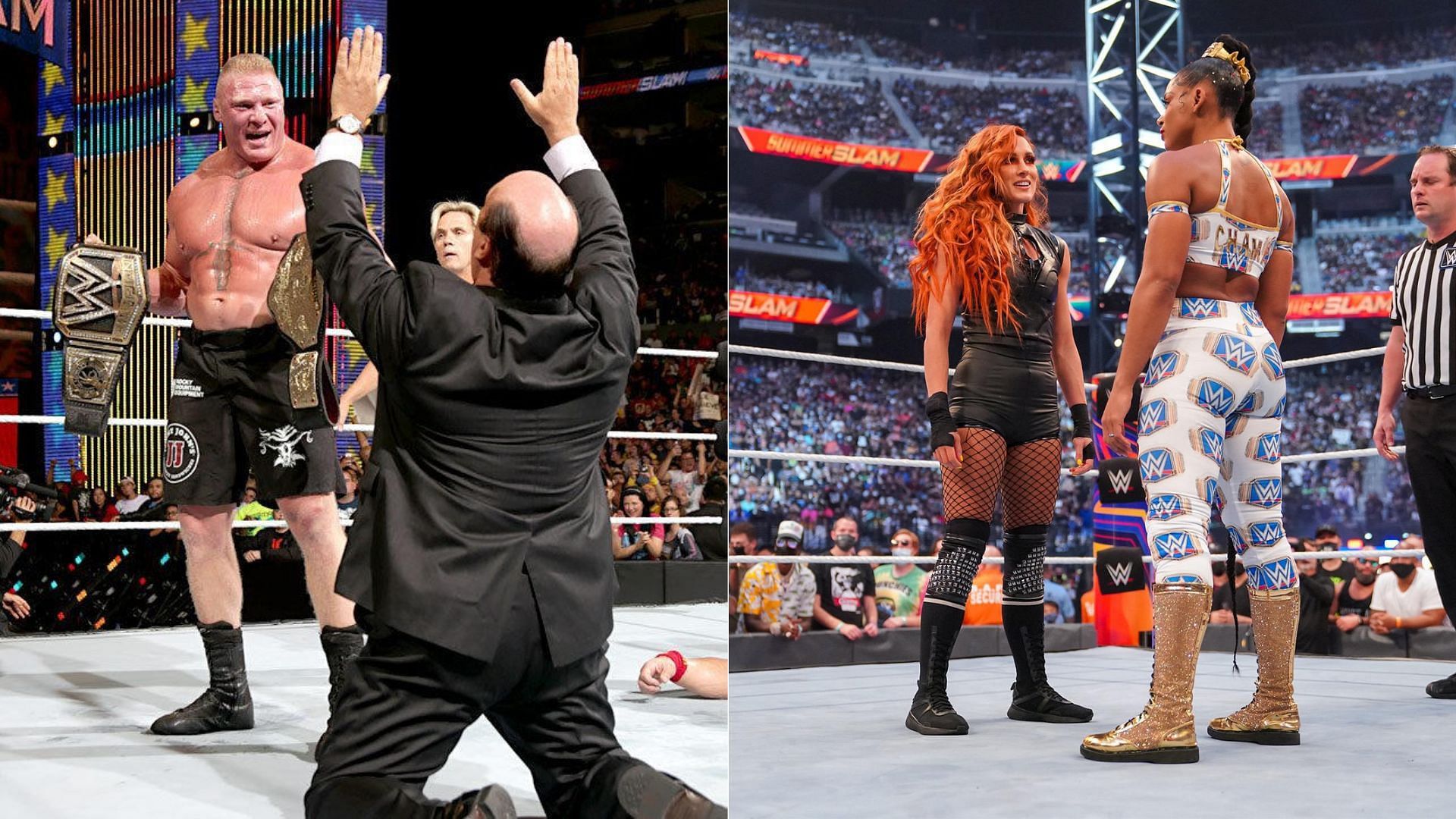 Brock Lesnar and Paul Heyman (left); Becky Lynch and Bianca Belair (right)