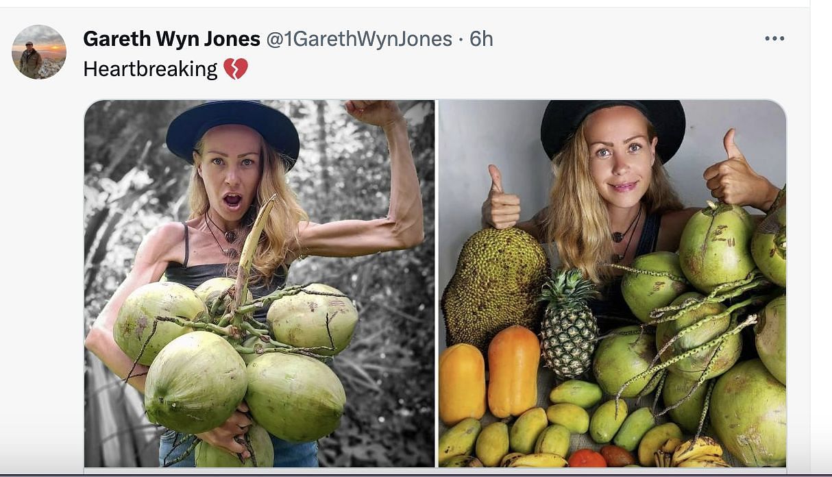 Social media users mourn the death of the vegan influencer, who passed away at 39 due to starvation while following a fruit-only diet. (Image via Twitter)