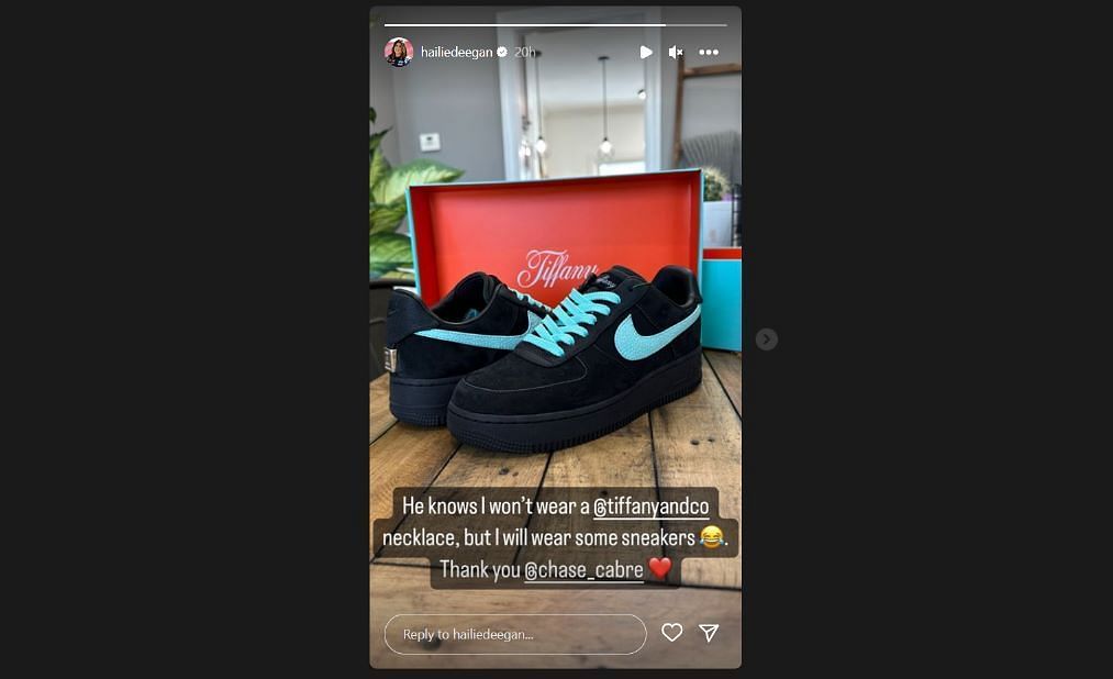 Hailie Deegan&#039;s Instagram Story showcasing the Nike Air Force 1 sneakers gifted to her by her boyfriend Chase Cabre.