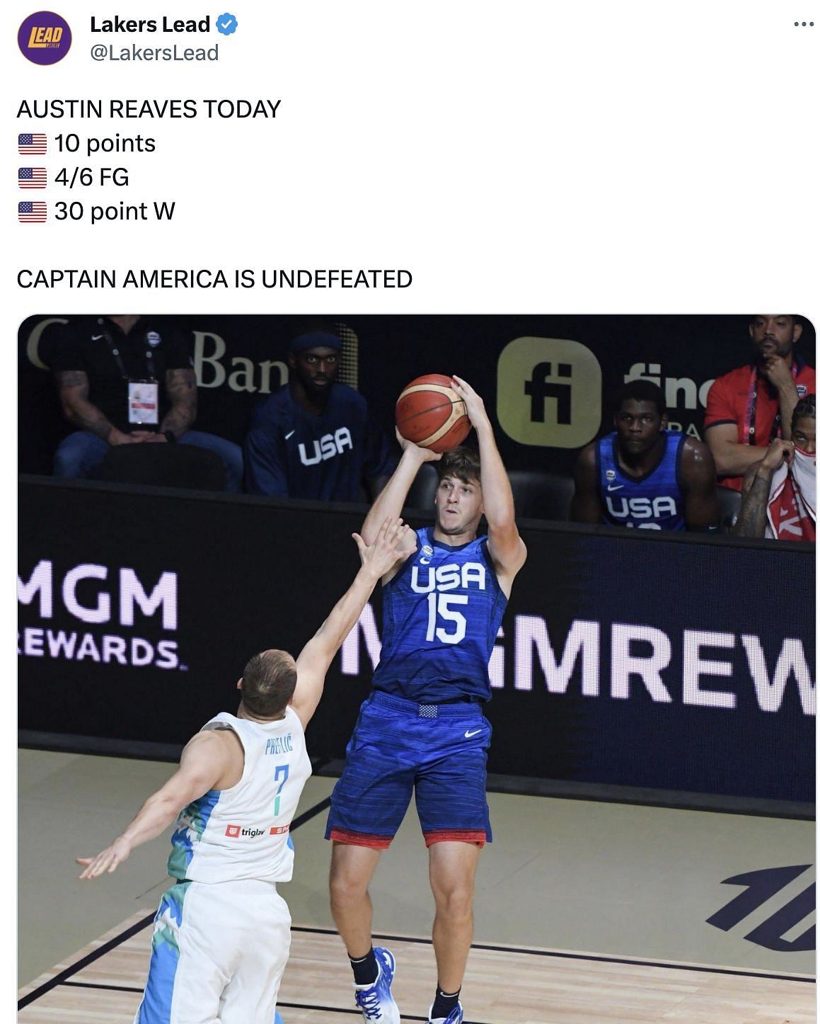 CAPTAIN AMERICA IS UNDEFEATED: Fans react to Austin Reaves and Team USA  obliterating a Luka Doncic-less Slovenia by 30 points