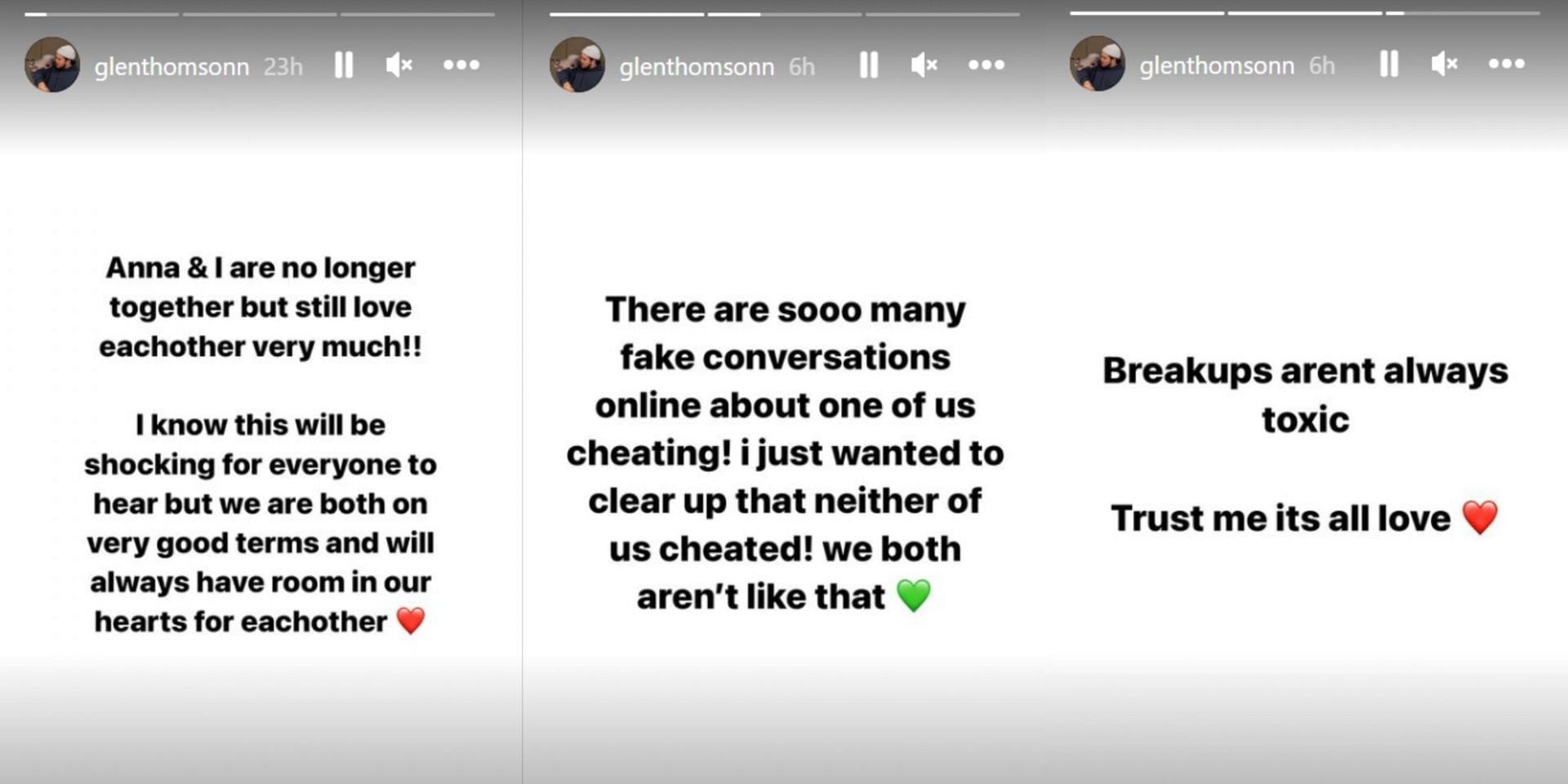 Glen Thomson&#039;s Instagram stories about his and Anna Paul&#039;s mutual breakup. (Image via Instagram/@glenthomsonn)