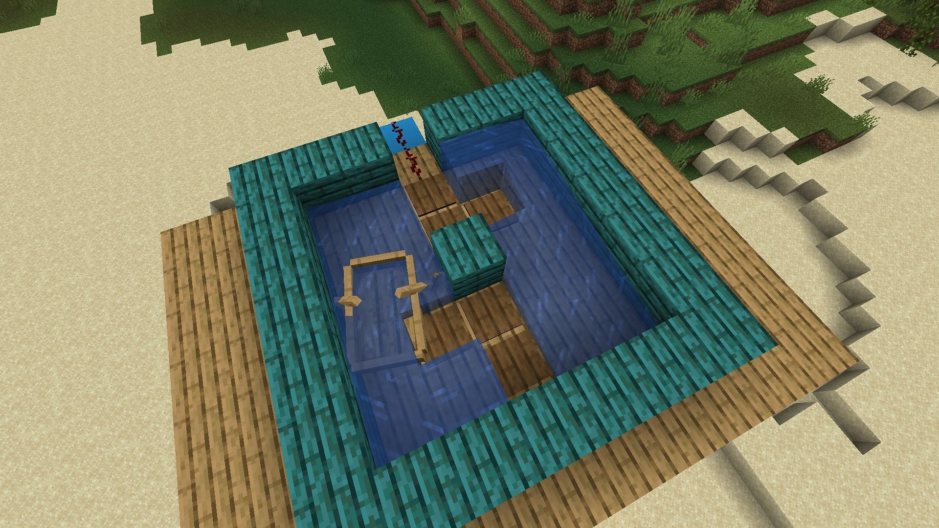 A redstone clock at the top of the Minecraft build utilizing pressure plates and boats (Image via Mojang)