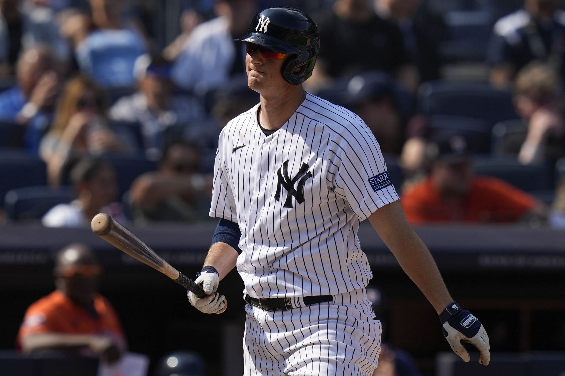 New York Yankees&#039; DJ LeMahieu reacts after striking out during the sixth inning of a baseball game against the Houston Astros at Yankee Stadium, Sunday, Aug. 6, 2023, in New York. (AP Photo/Seth Wenig)