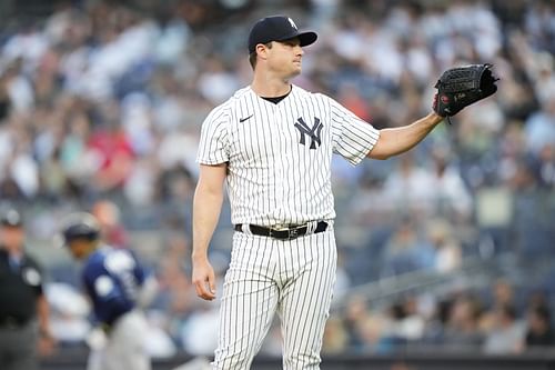 Gerrit Cole reacts during a game against the Tampa Bay Rays at Yankee Stadium